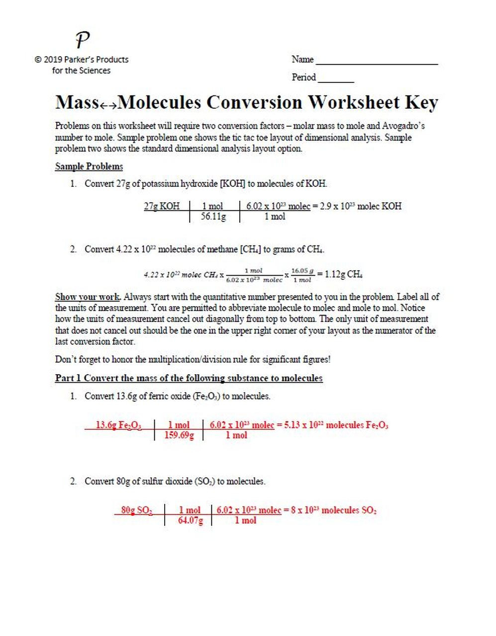 Dimensional Analysis Problems Worksheet Mass to Molecules Conversion Worksheet