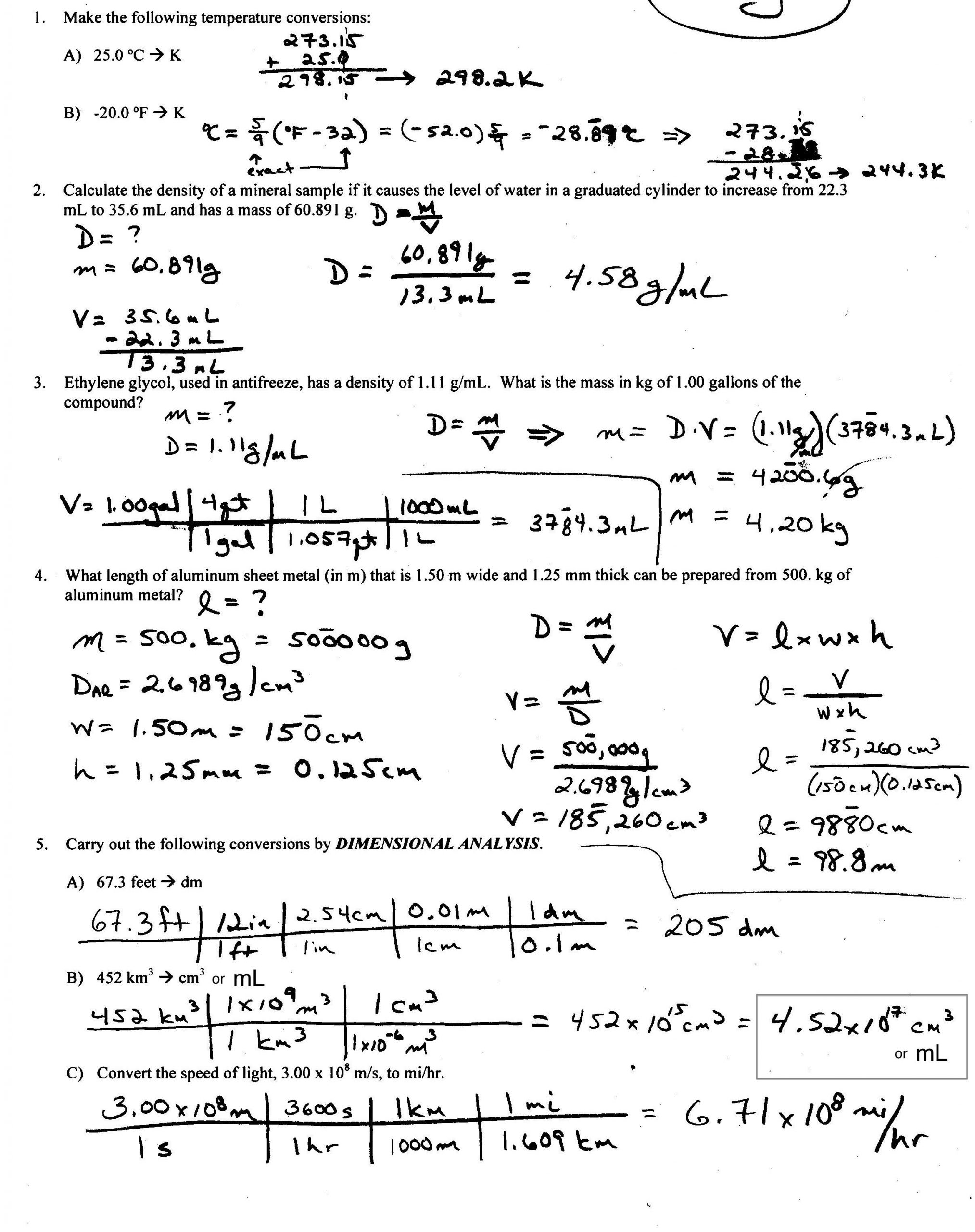 Dimensional Analysis Worksheet Answers Chemistry Density Worksheet with Answers Calculate Density Worksheet