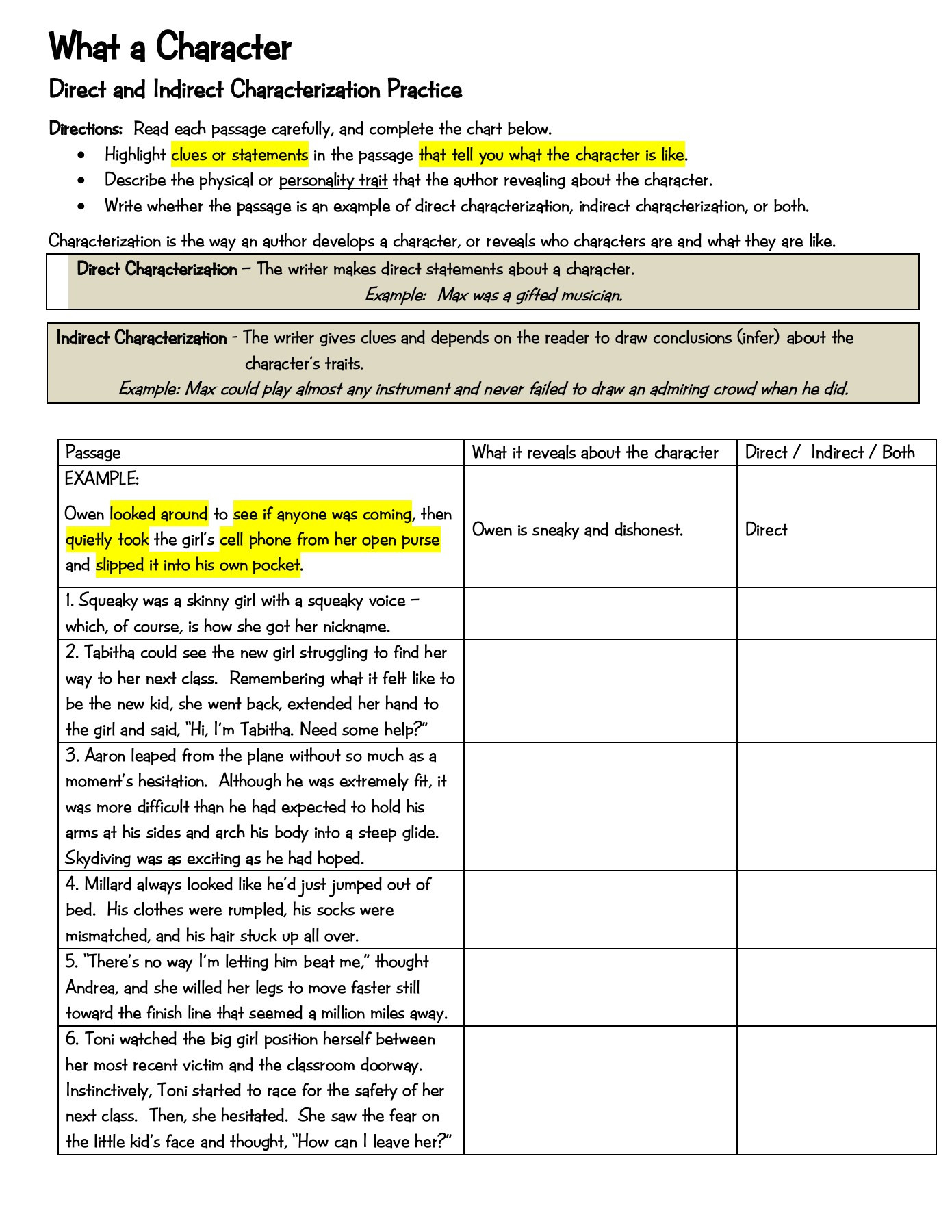 Direct and Indirect Characterization Worksheet Characterization 1 Pages 1 2 Text Version