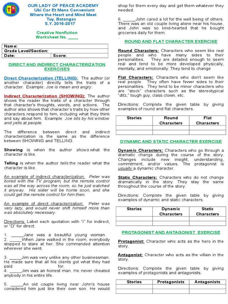 Direct and Indirect Characterization Worksheet Characterization Worksheet 2b