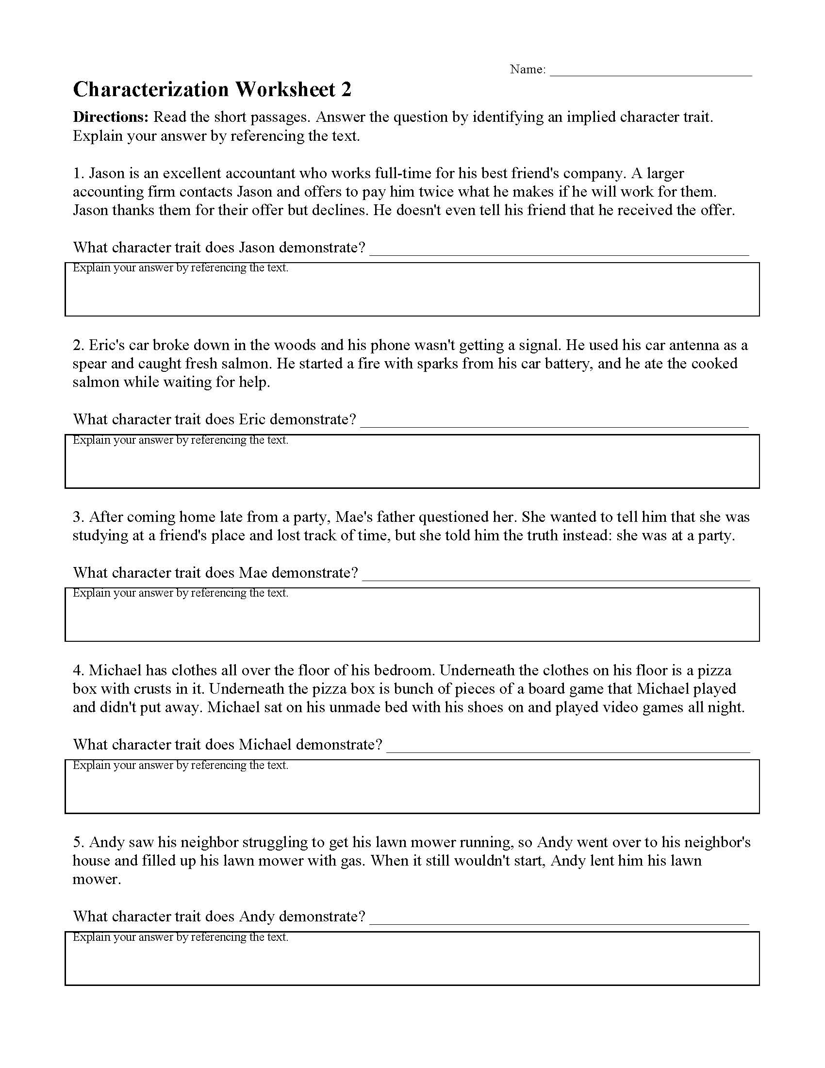 Direct and Indirect Characterization Worksheet Characterization Worksheets