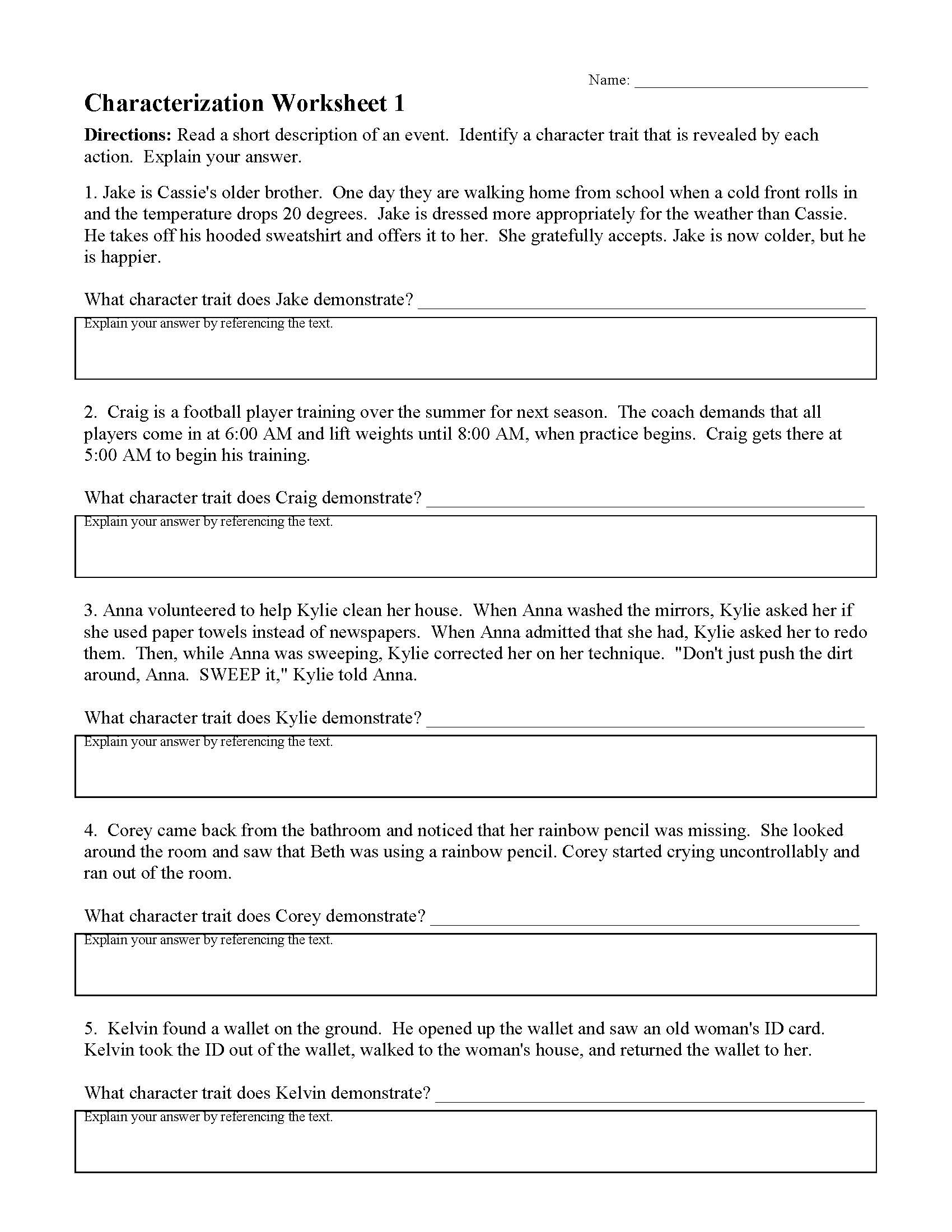 Direct and Indirect Characterization Worksheet Characterization Worksheets