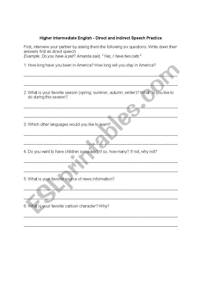 Direct and Indirect Characterization Worksheet Direct and Indirect Speech Interviews Esl Worksheet by