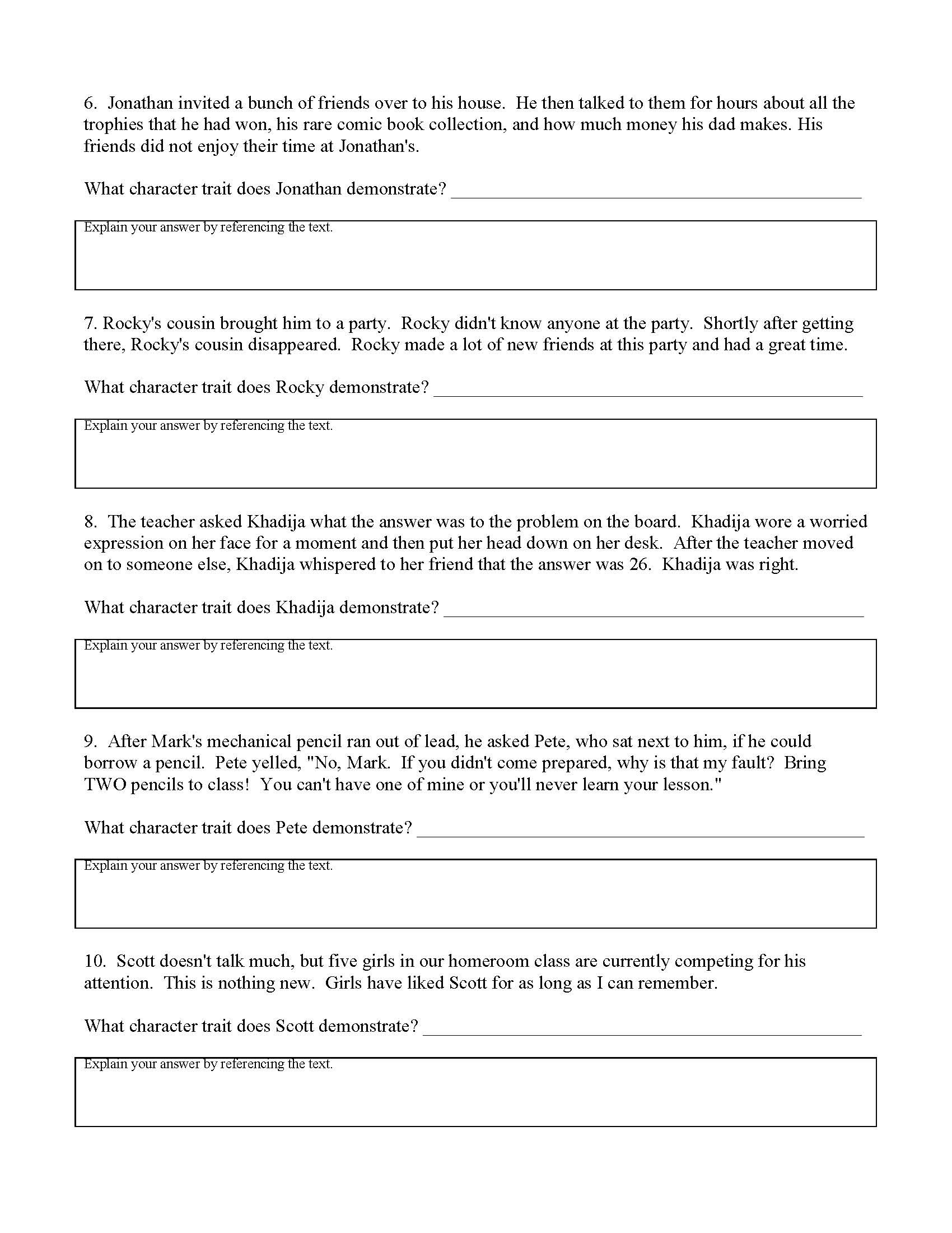 Direct and Indirect Characterization Worksheet Indirect Character Traits Worksheet Answers