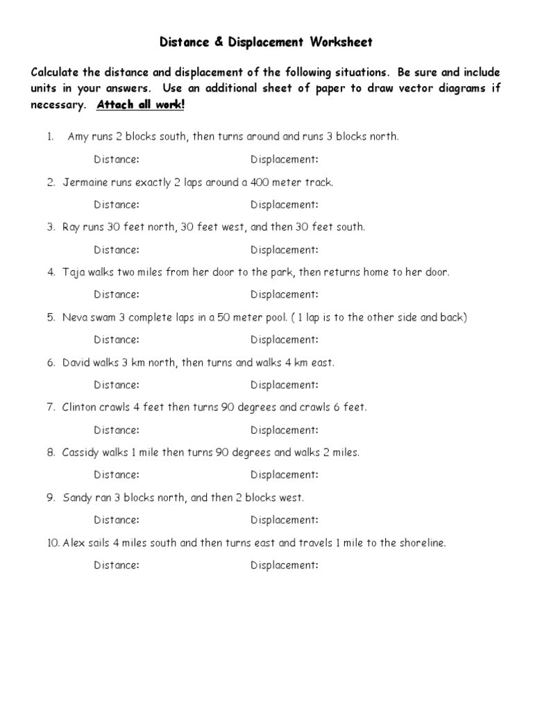 Distance and Displacement Worksheet Answers Displacement Worksheet
