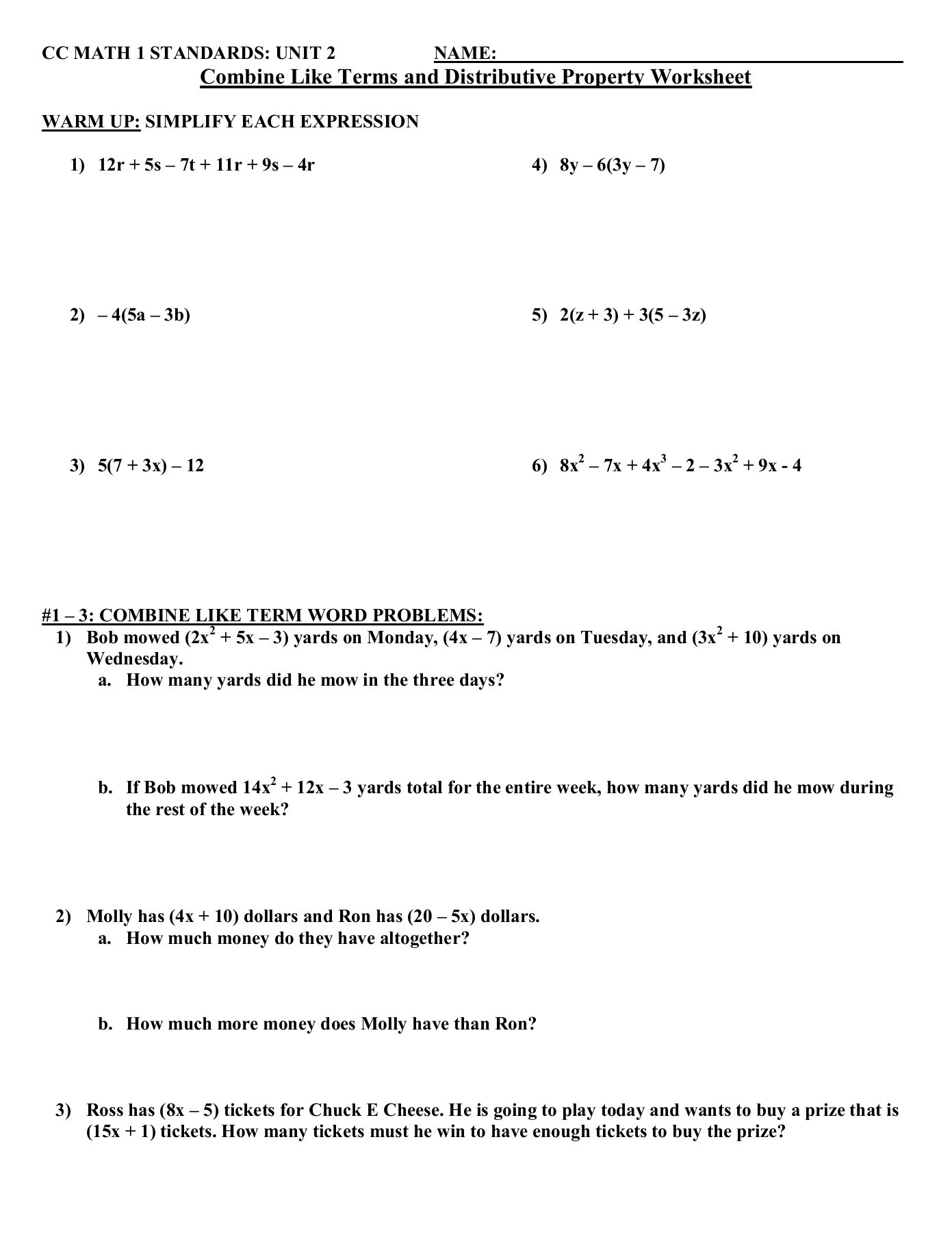 Distributive Property Equations Worksheet Cc Math 1 Standards Unit 2 Name Bine Like Terms and