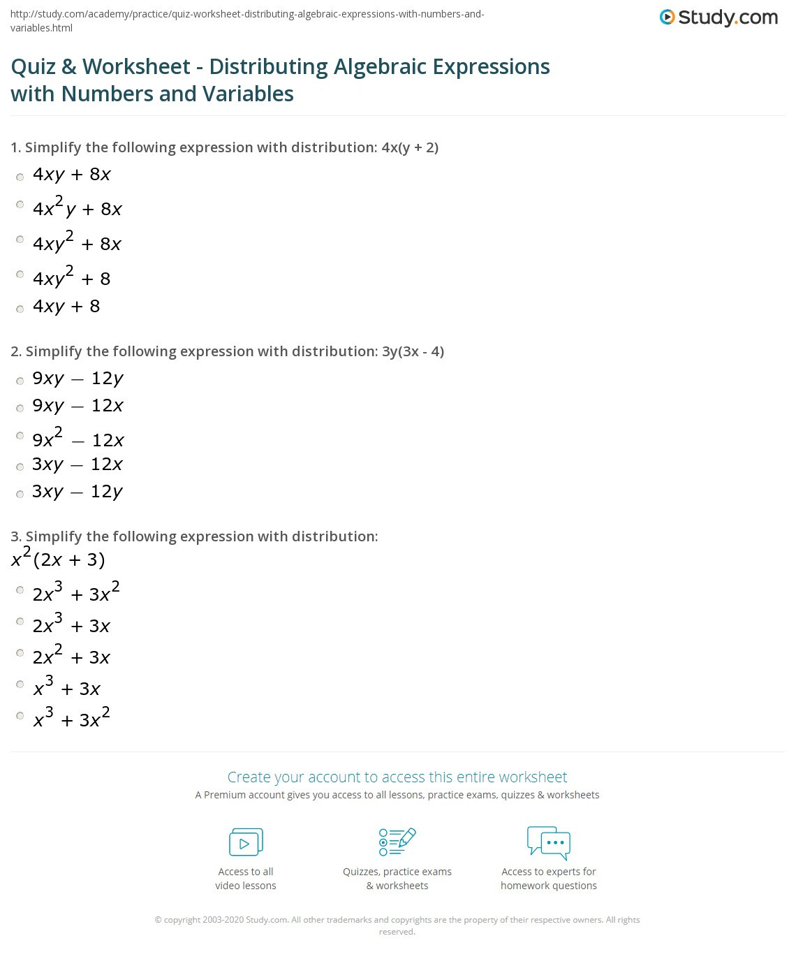 Distributive Property with Variables Worksheet Quiz &amp; Worksheet Distributing Algebraic Expressions with