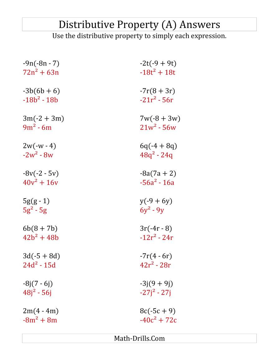 Distributive Property with Variables Worksheet Using the Distributive Property All Answers Include
