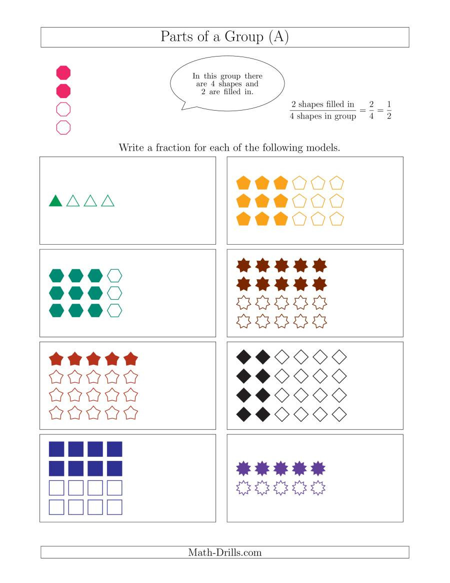 Dividing Fractions Using Models Worksheet Parts Of A Group Fraction Models Up to Fourths A