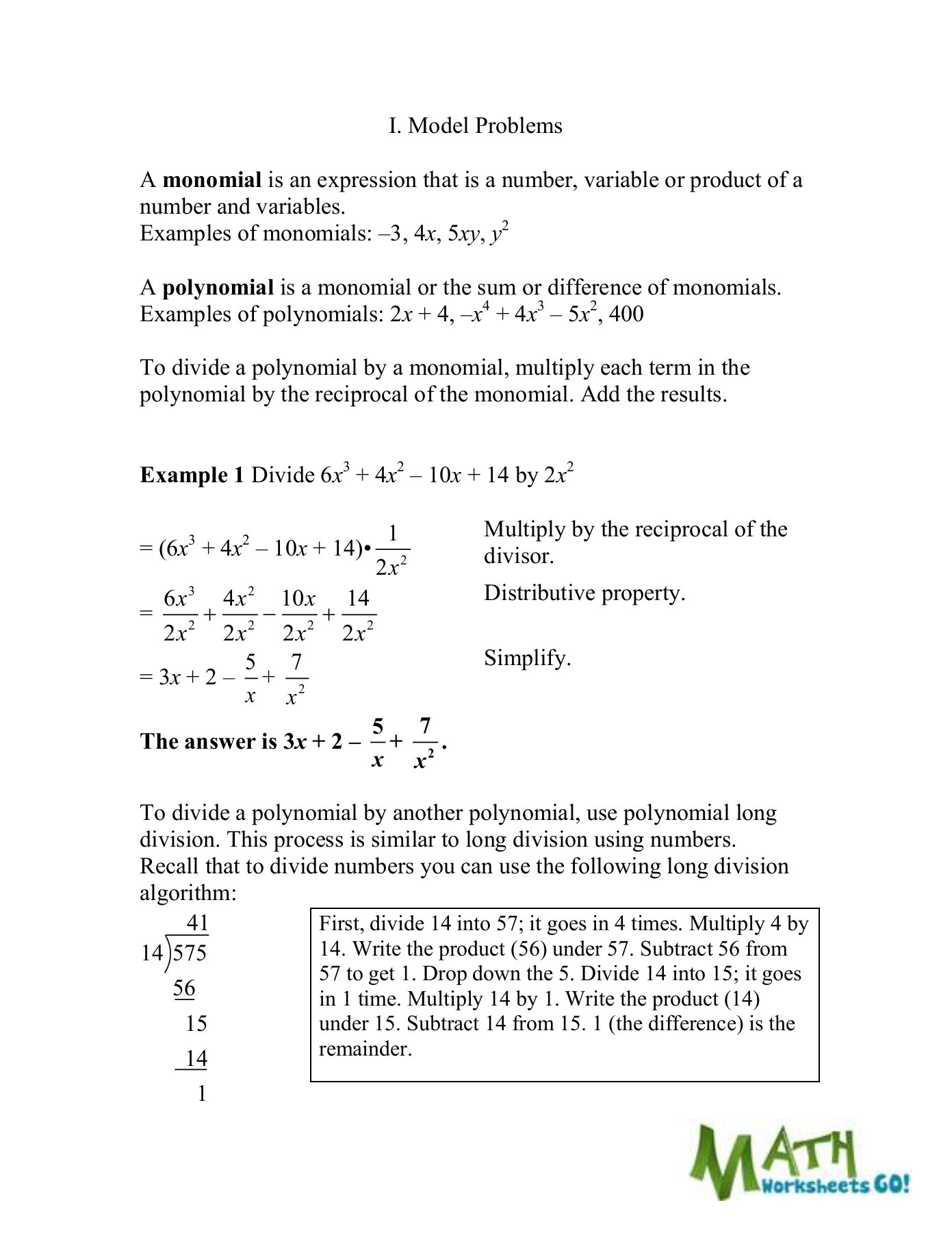 Dividing Polynomials by Monomials Worksheet Dividing Polynomials Worksheet