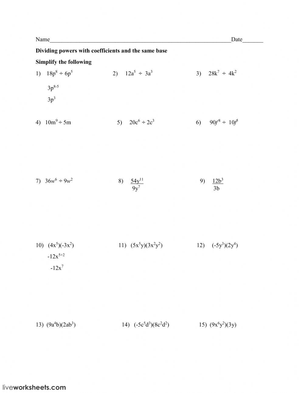 Dividing Polynomials by Monomials Worksheet Multiply Divide Monomials Interactive Worksheet