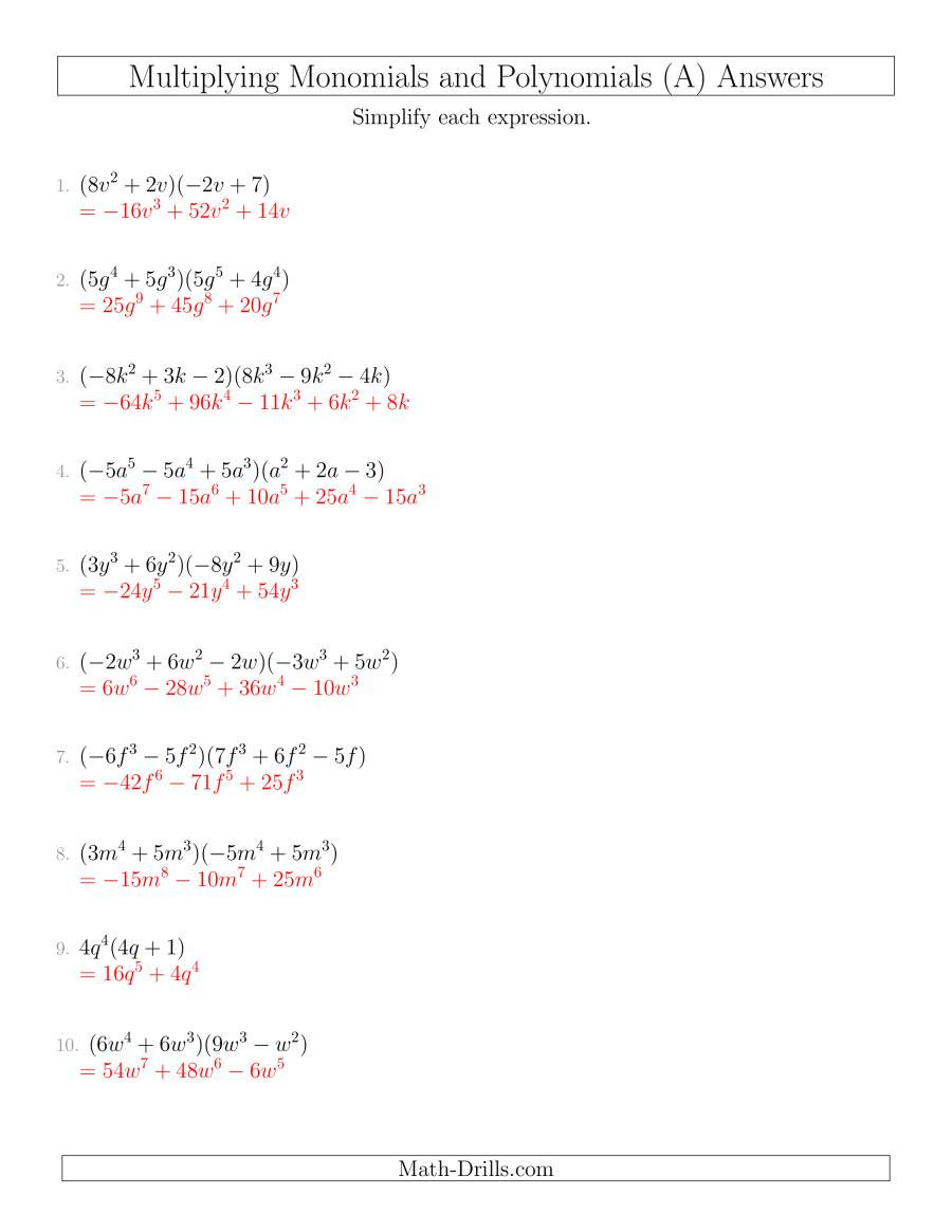 Dividing Polynomials by Monomials Worksheet Multiplying Monomials and Polynomials with Two Factors Mixed