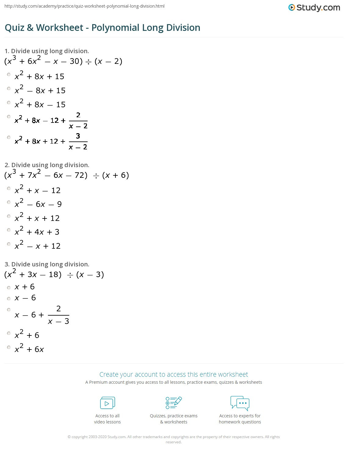 Dividing Polynomials by Monomials Worksheet Quiz &amp; Worksheet Polynomial Long Division