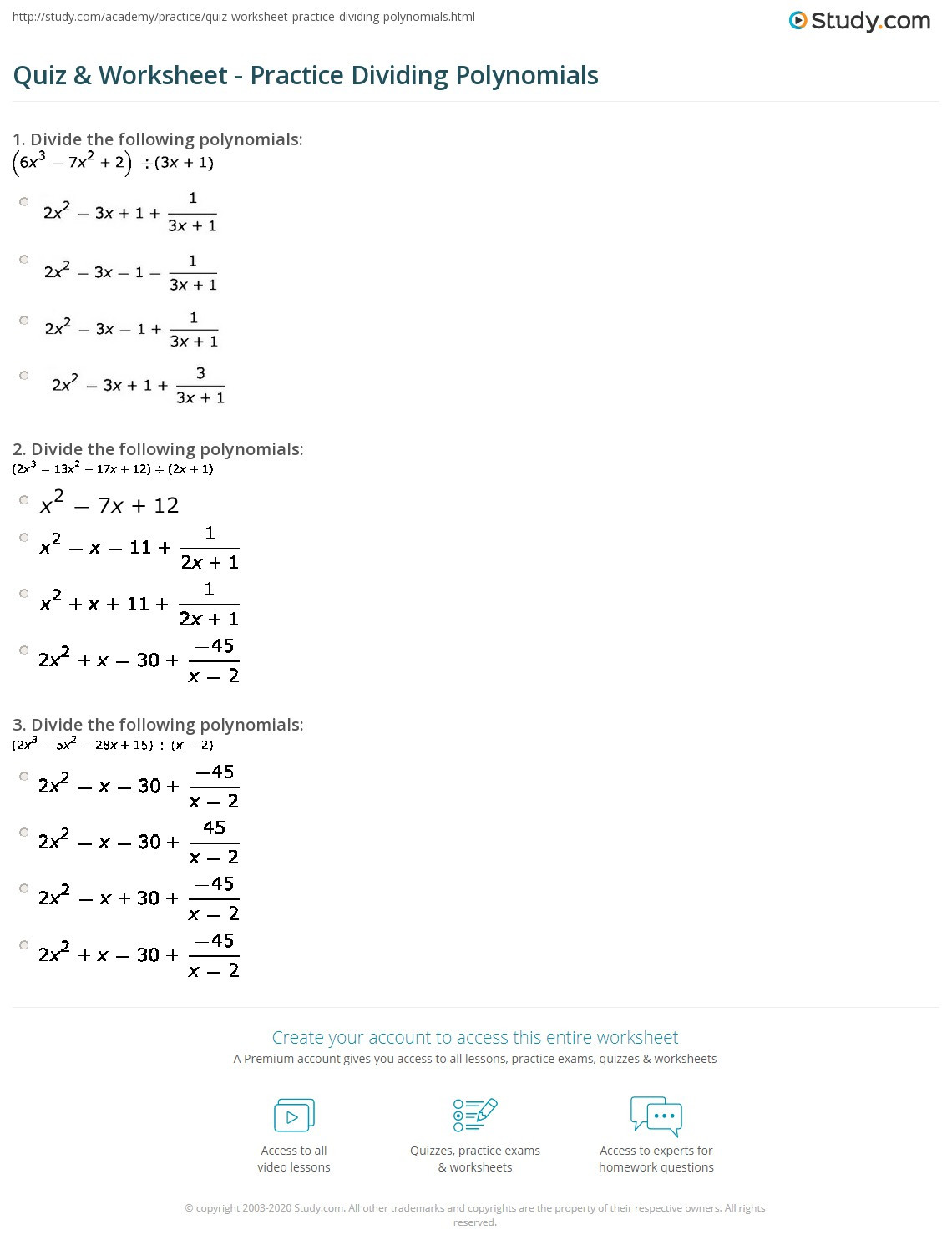 Dividing Polynomials Worksheet Answers Quiz &amp; Worksheet Practice Dividing Polynomials