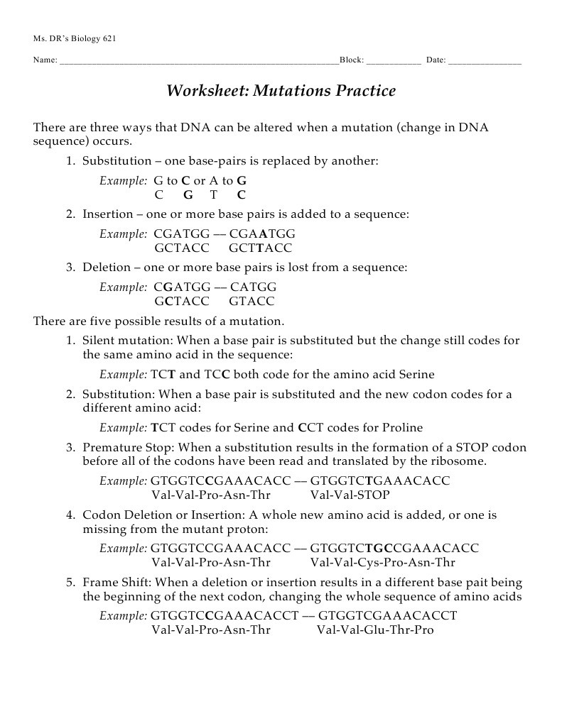 Dna Mutations Practice Worksheet Answer Mutations Worksheet Genetic Code