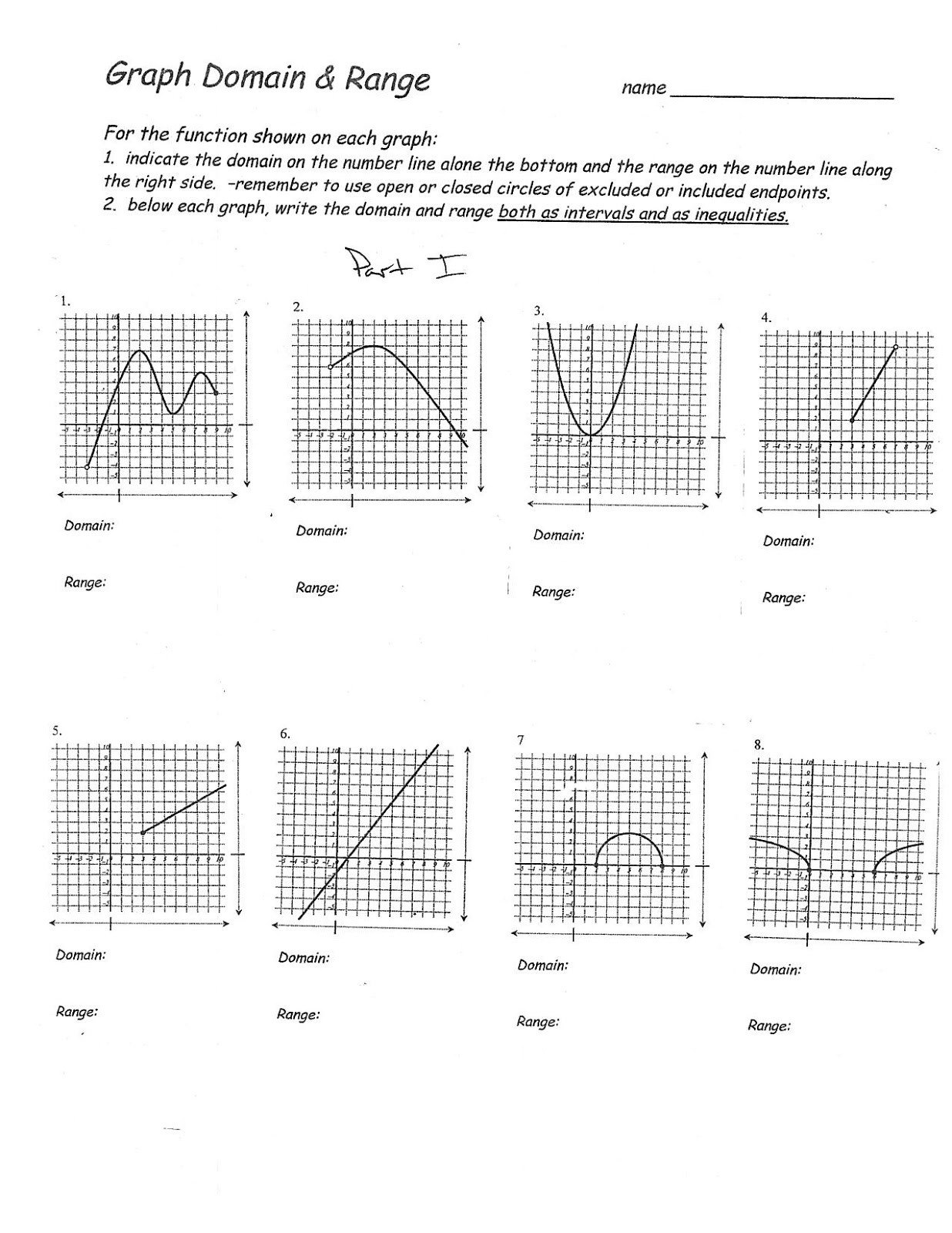 Domain and Range Practice Worksheet Graphing Domain and Range Worksheets