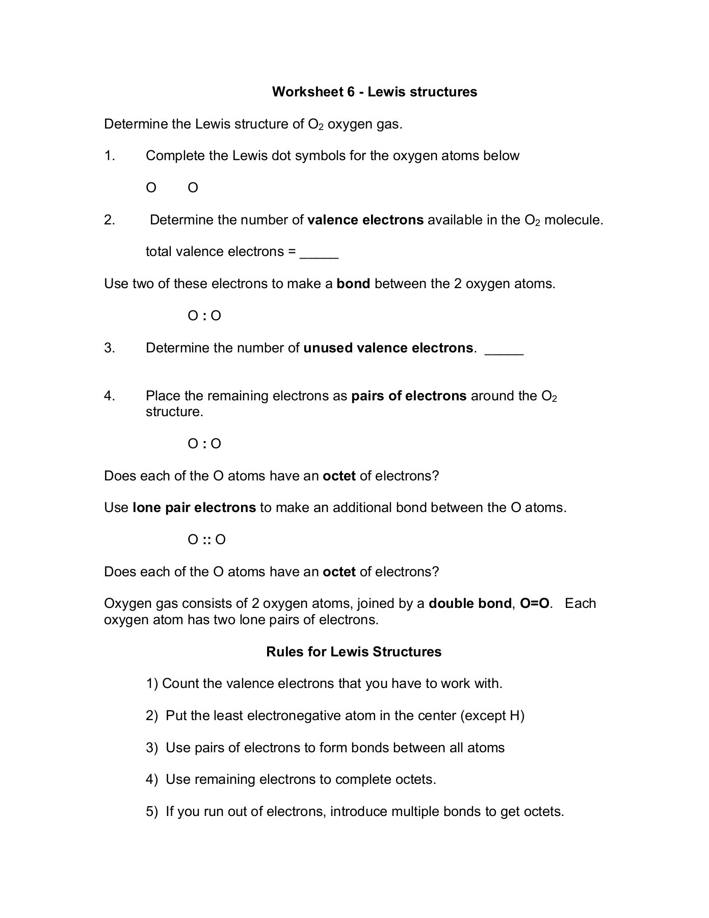 Drawing Lewis Structures Worksheet Worksheet 6 Lewis Structures Pages 1 7 Text Version