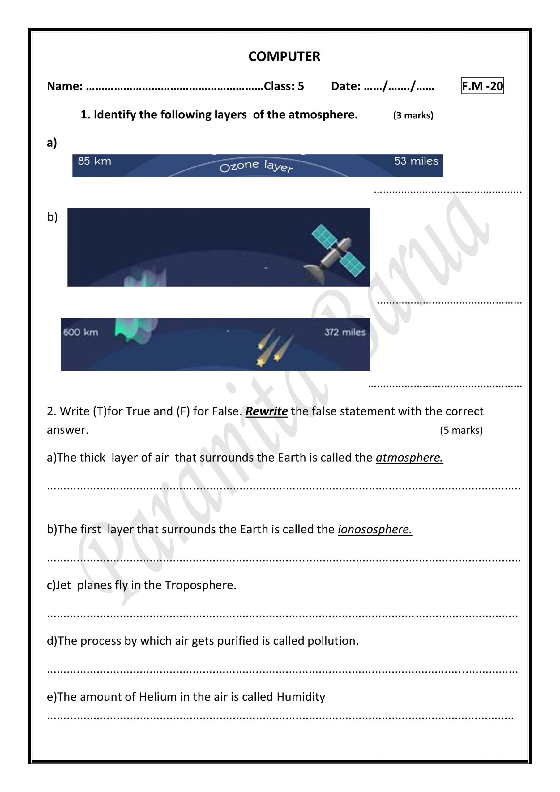 Earth Layers Worksheet Pdf Worksheet for Class 5 atmosphere Notes