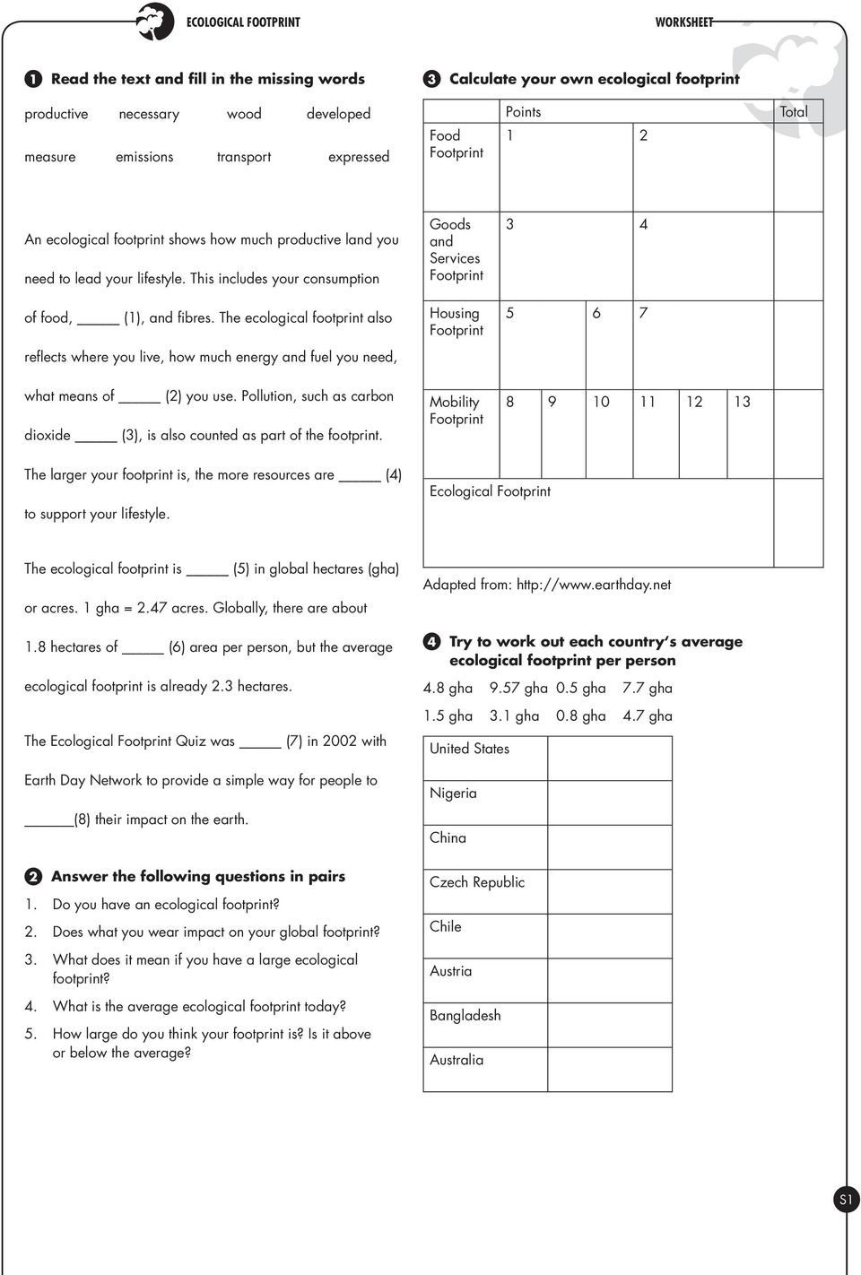 Ecological Footprint Calculator Worksheet Ecological Footprint Pdf Free Download