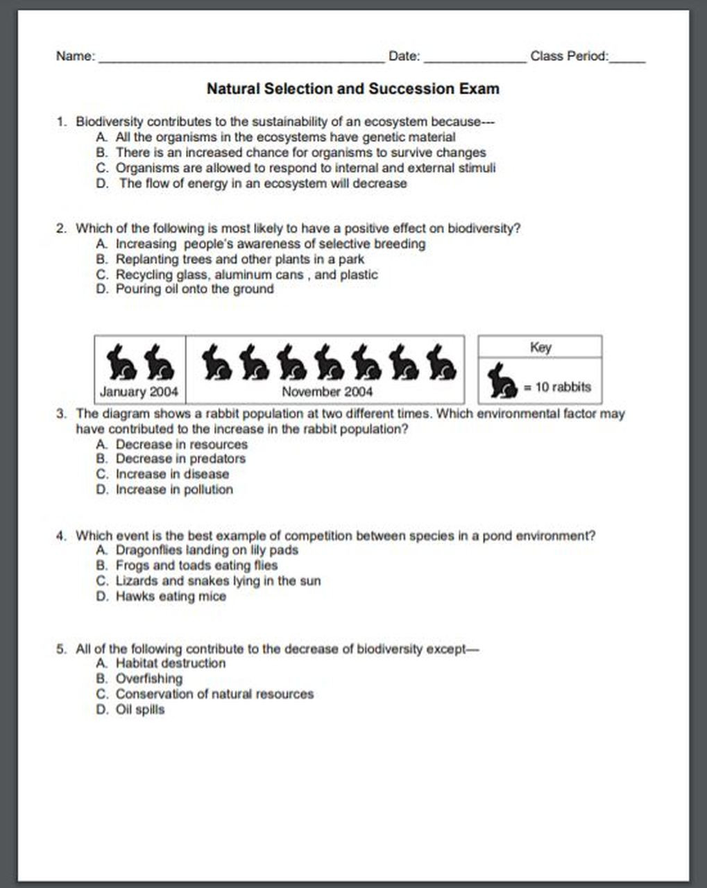 Ecological Succession Worksheet High School Natural Selection and Succession Exam