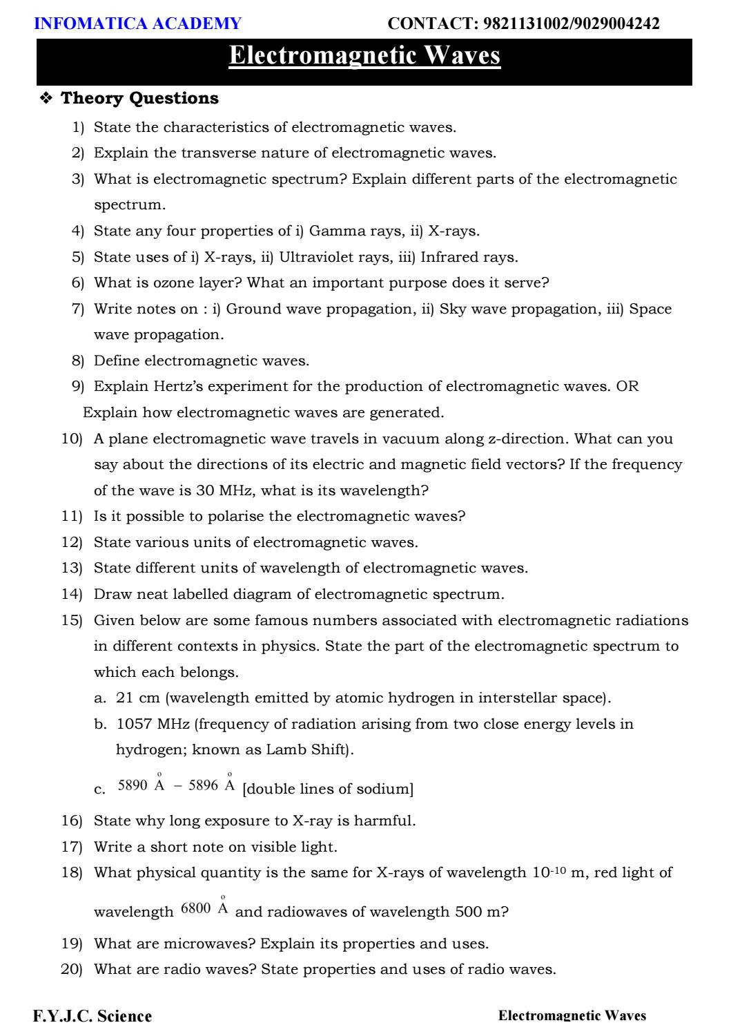 Electromagnetic Spectrum Worksheet Answers Class 11 Important Questions for Physics Electromagnetic
