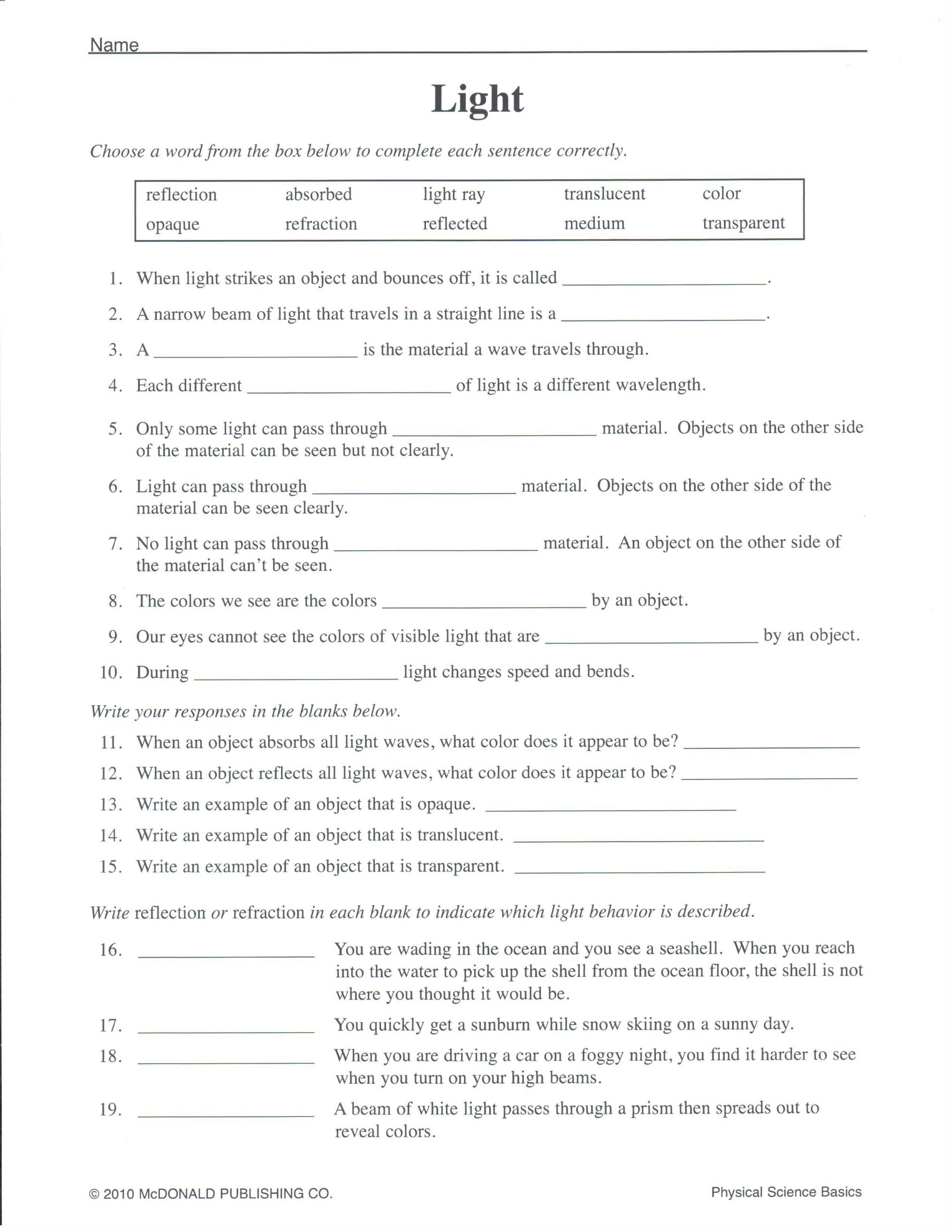 Electromagnetic Spectrum Worksheet High School Physical Science March 2013