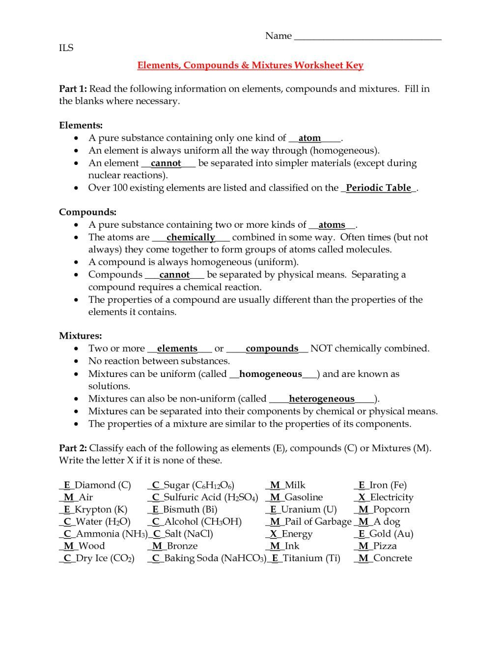 Element Compound Mixture Worksheet Elements Pounds and Mixtures Worksheet Middle School