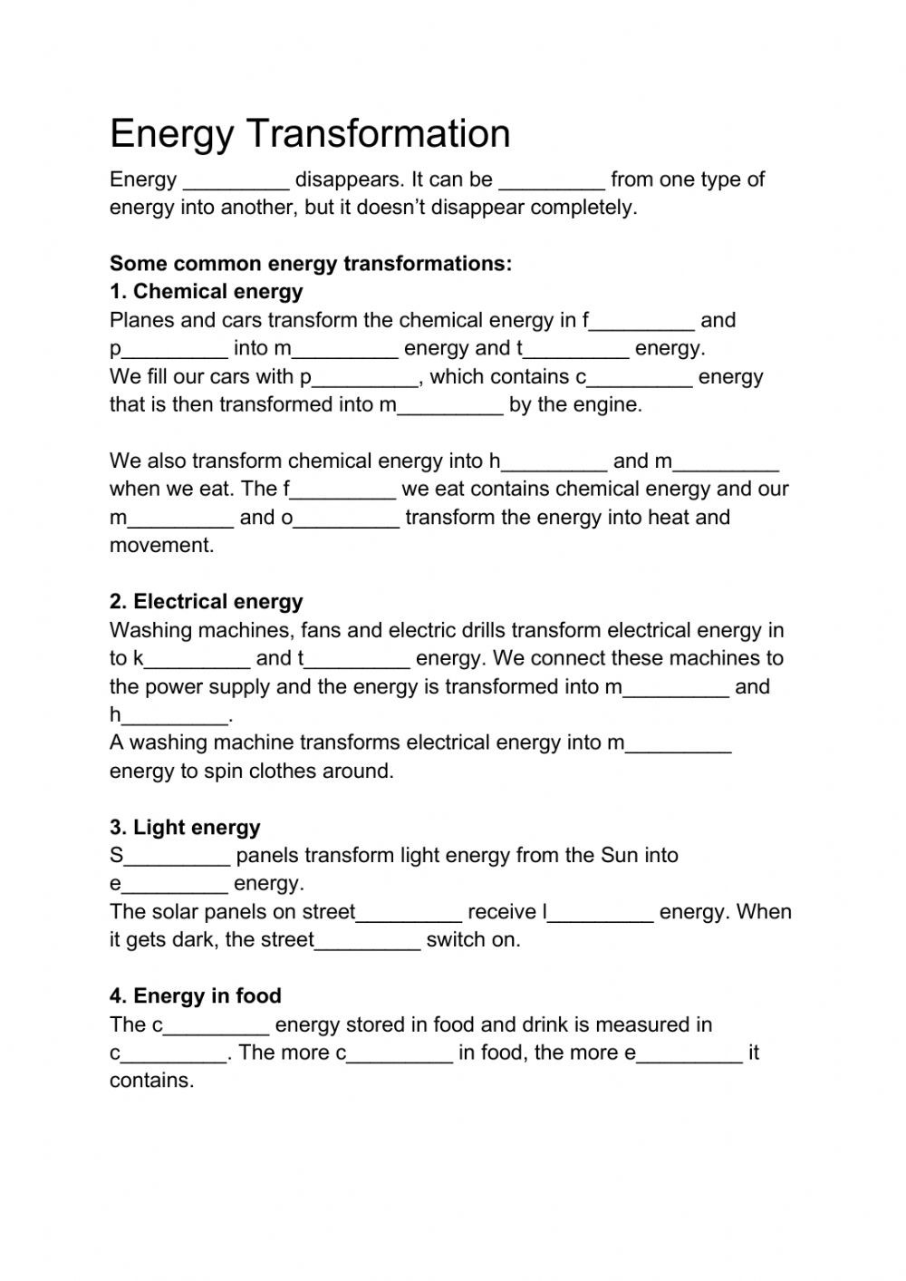 Energy Transformation Worksheet Answer Key Energy Transformation Interactive Worksheet