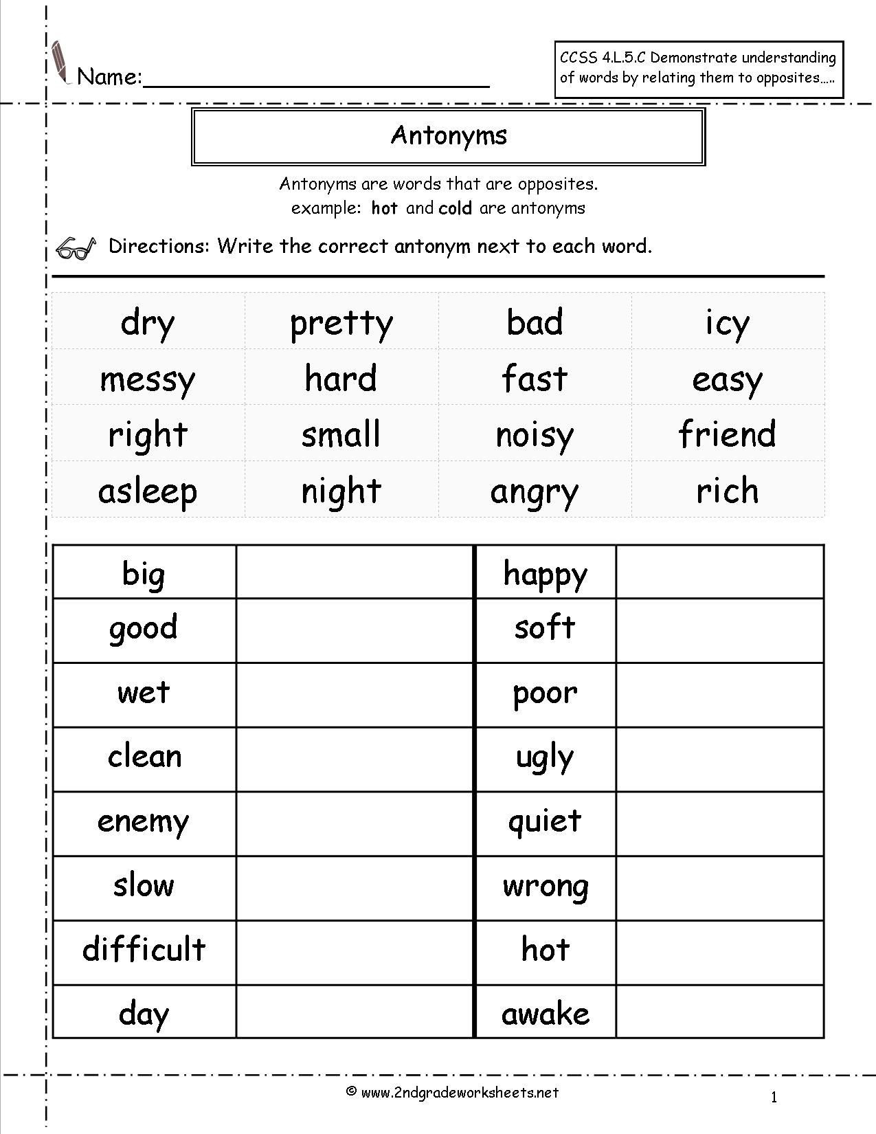 English Worksheet for Grade 2 Antonyms Worksheet