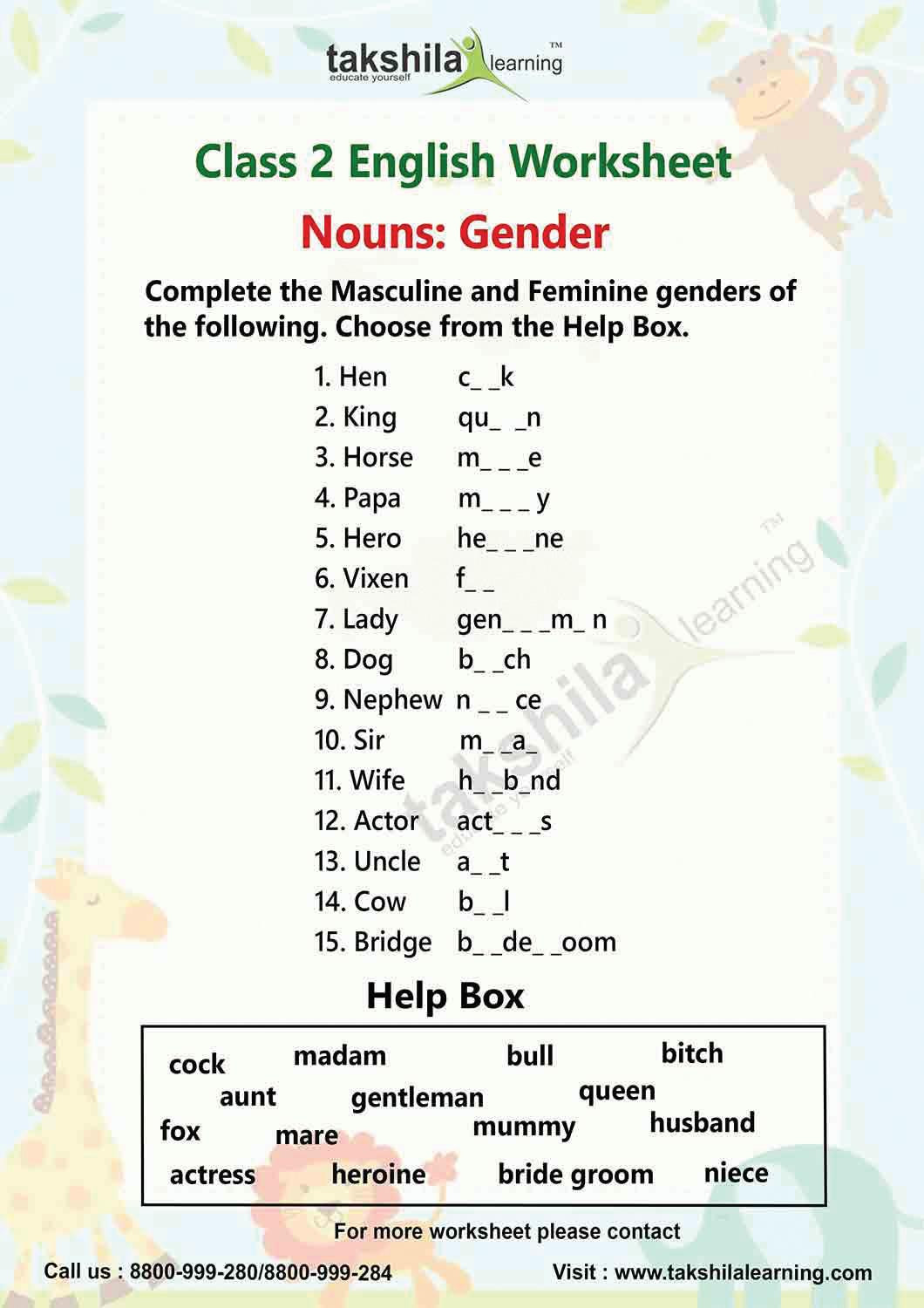 English Worksheet for Grade 2 Worksheets for Class 2 English Nouns Gender by Takshila