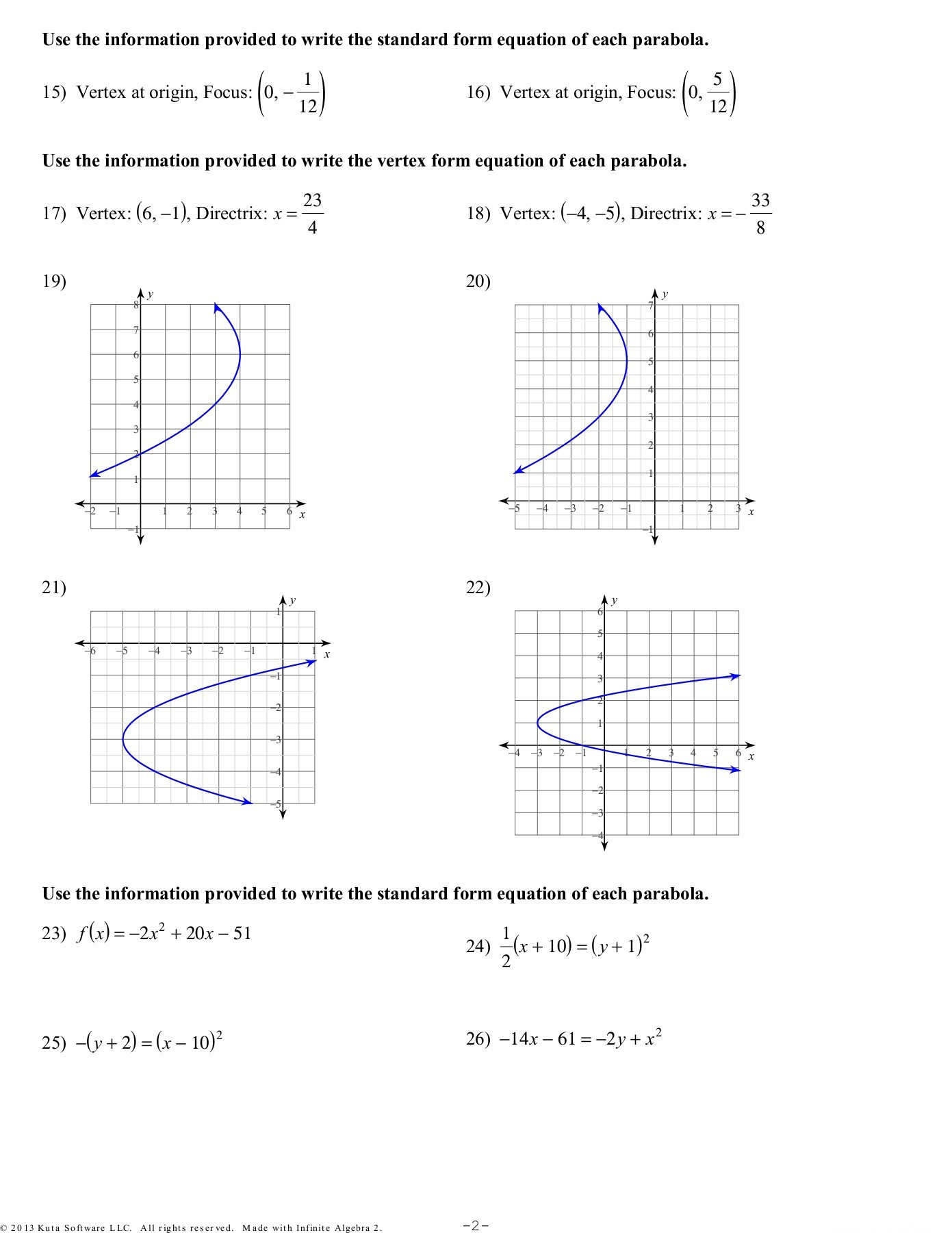 Equations Of Circles Worksheet Algebra 2 Writing Equations Of Circles and Parabolas Pages