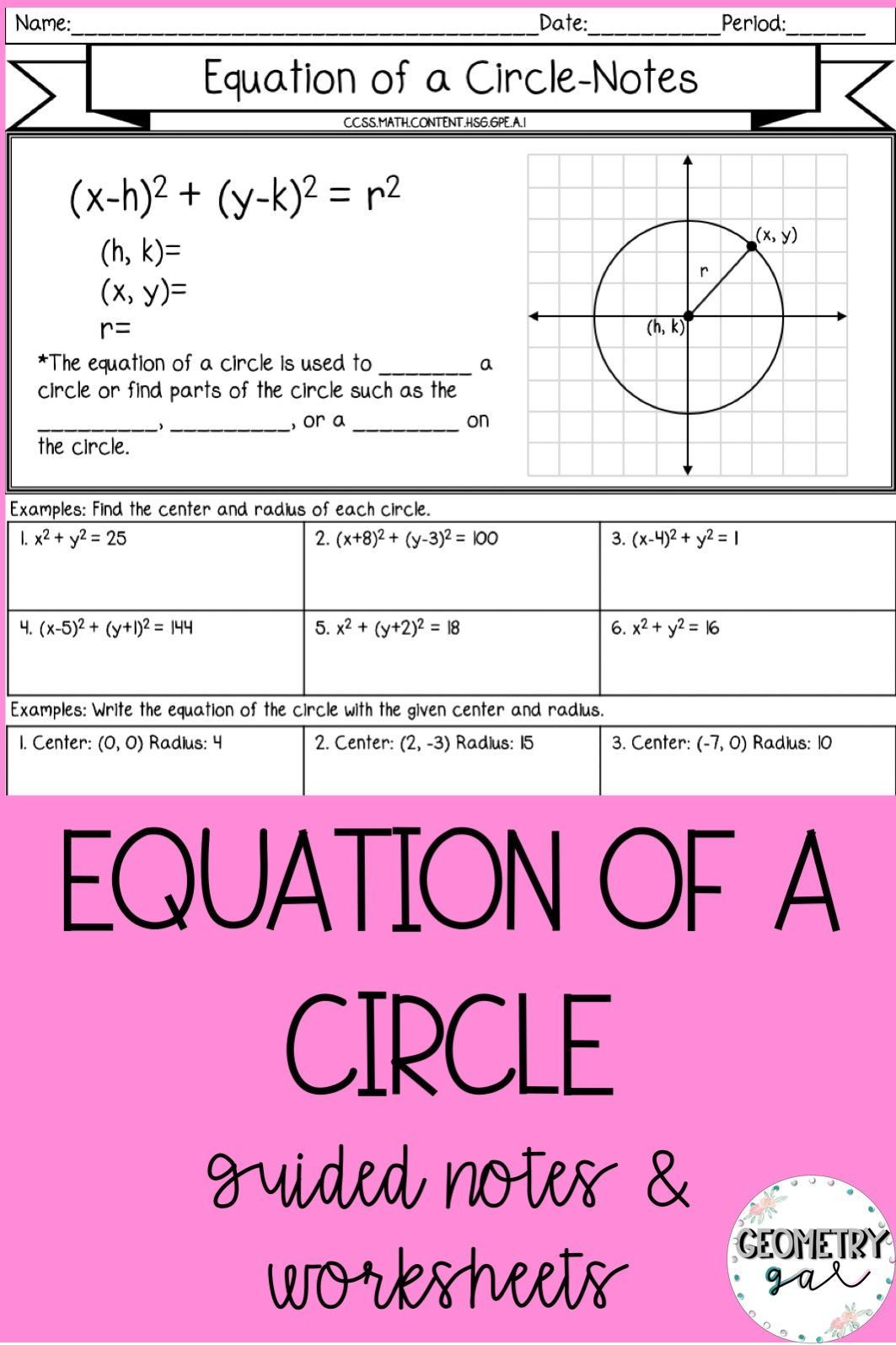 Equations Of Circles Worksheet Equation Of A Circle Guided Notes and Worksheets
