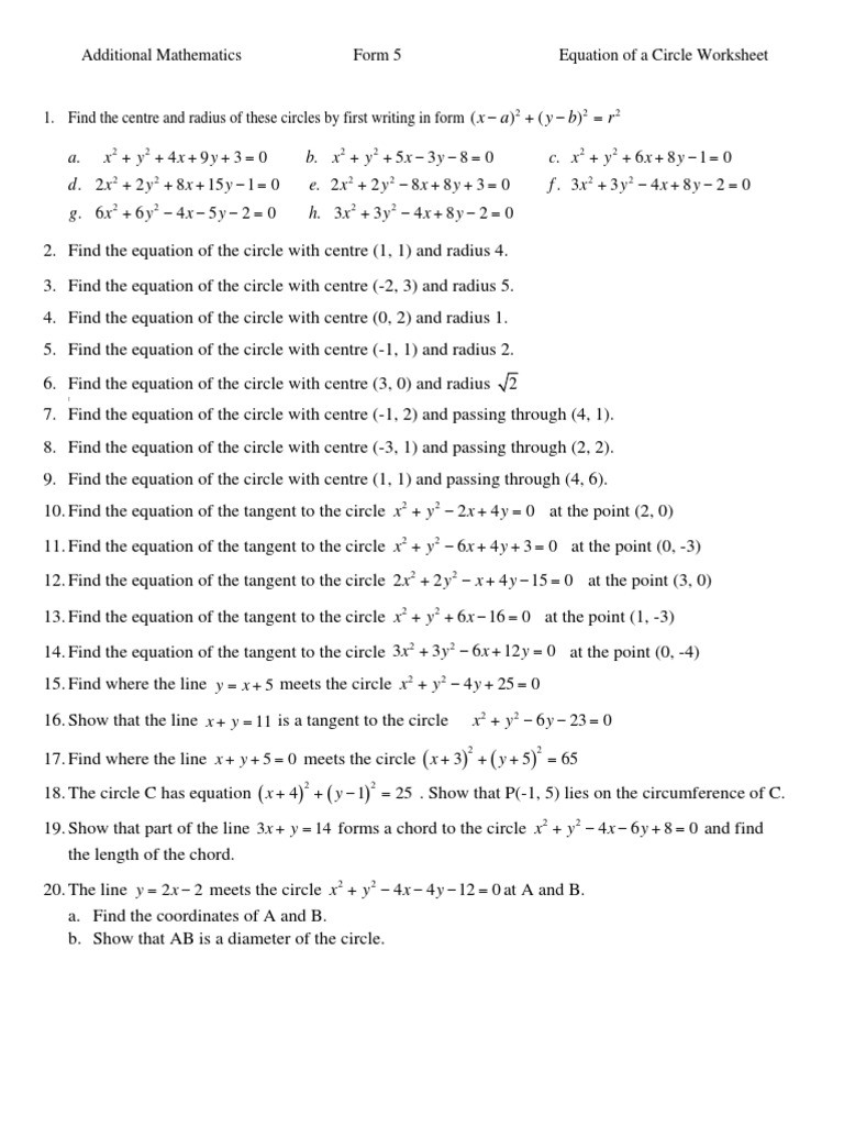Equations Of Circles Worksheet Equation Of the Circle Worksheet