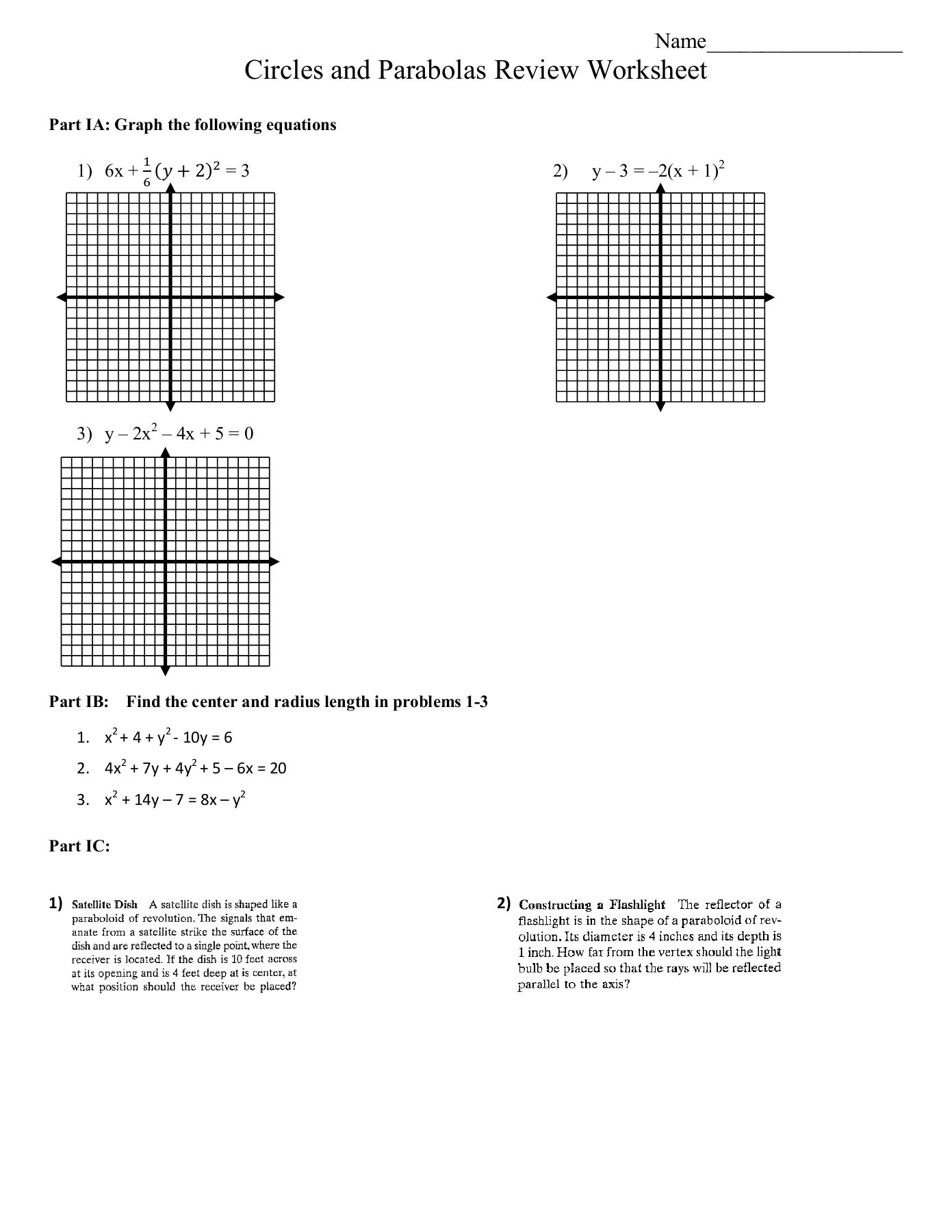 Equations Of Circles Worksheet Name Circles and Parabolas Review Worksheet Pages 1 4