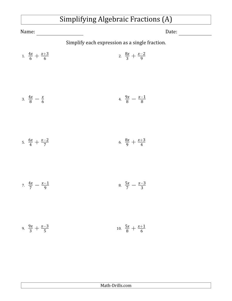 Equations with Fractions Worksheet Simplifying Simple Algebraic Fractions Easier A