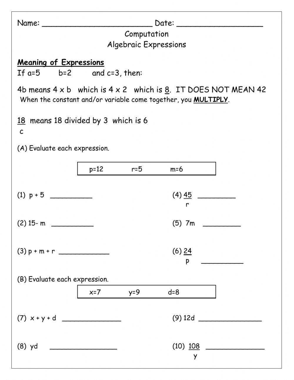 Evaluate the Expression Worksheet Algebraic Expressions Interactive Worksheet