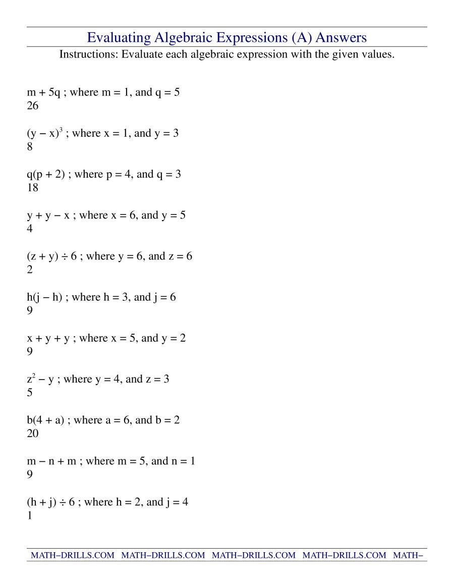 Evaluate the Expression Worksheet Evaluating Algebraic Expressions A