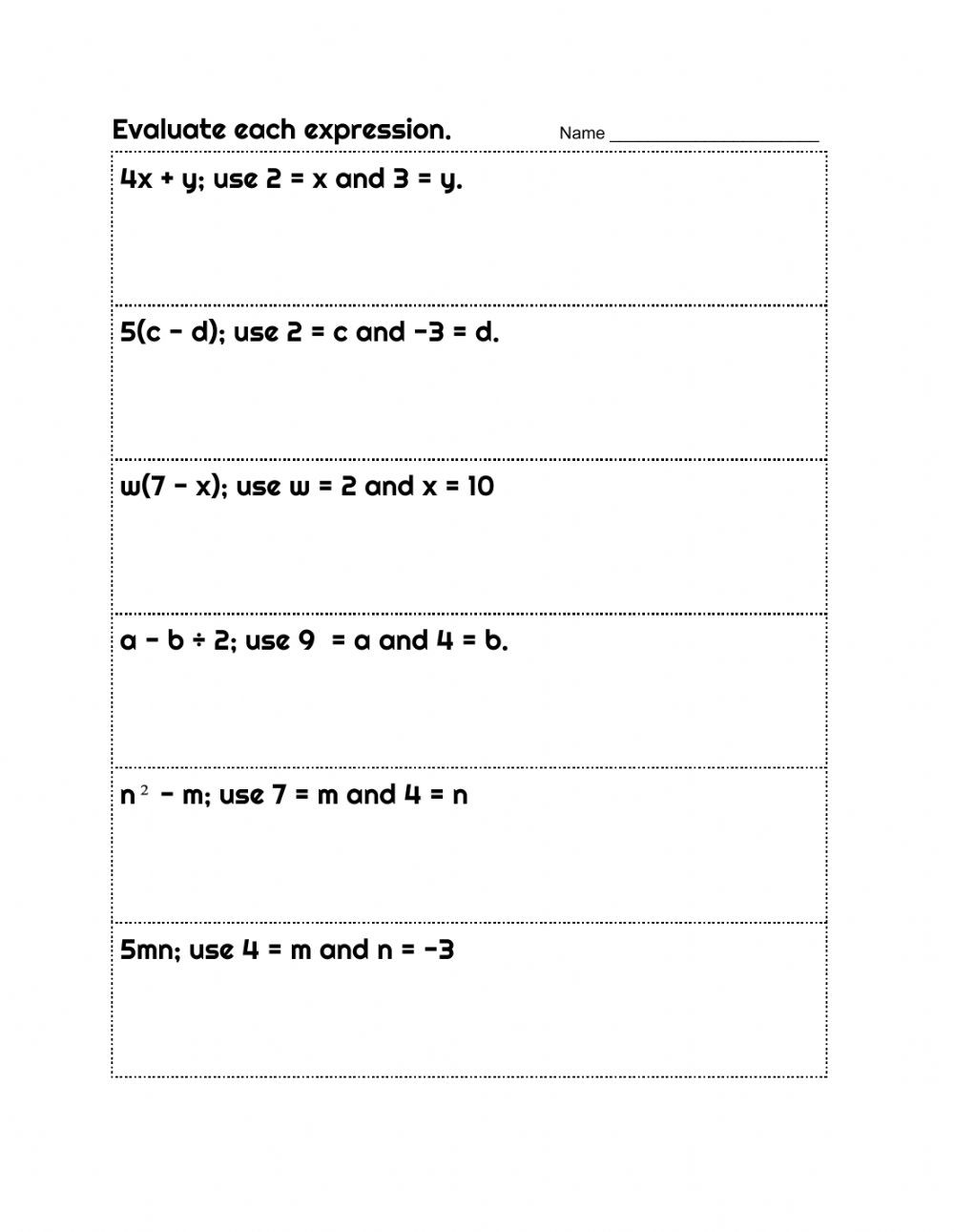 Evaluate the Expression Worksheet Evaluating Algebraic Expressions Bining Like Terms and