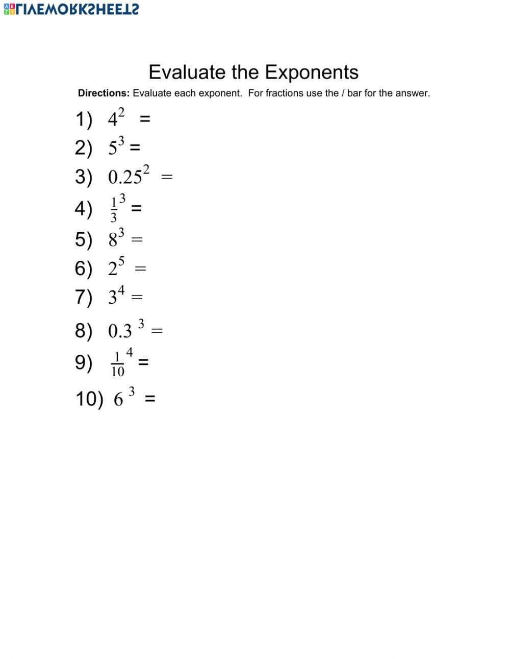 Evaluate the Expression Worksheet Evaluating Exponents 1 Interactive Worksheet