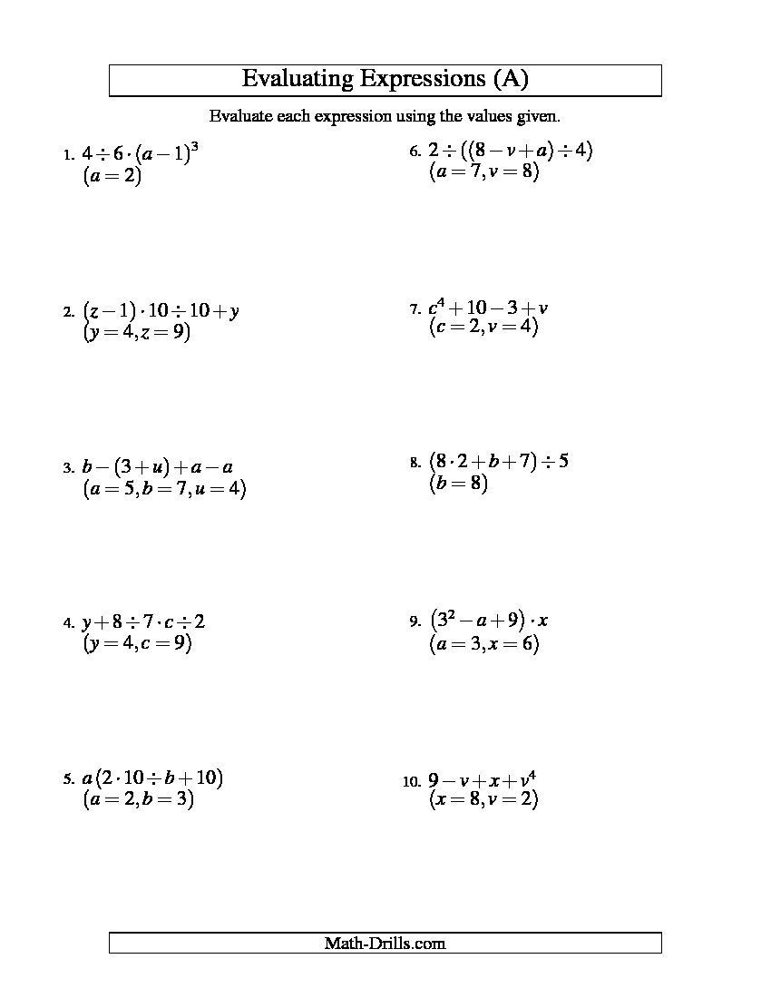 Evaluate the Expression Worksheet Evaluating Four Step Algebraic Expressions with Three