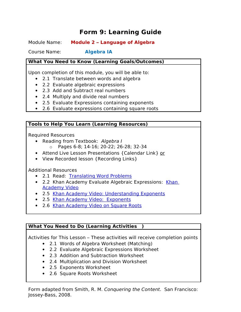 Evaluate the Expression Worksheet Fenniman Janice form 9 Module 2