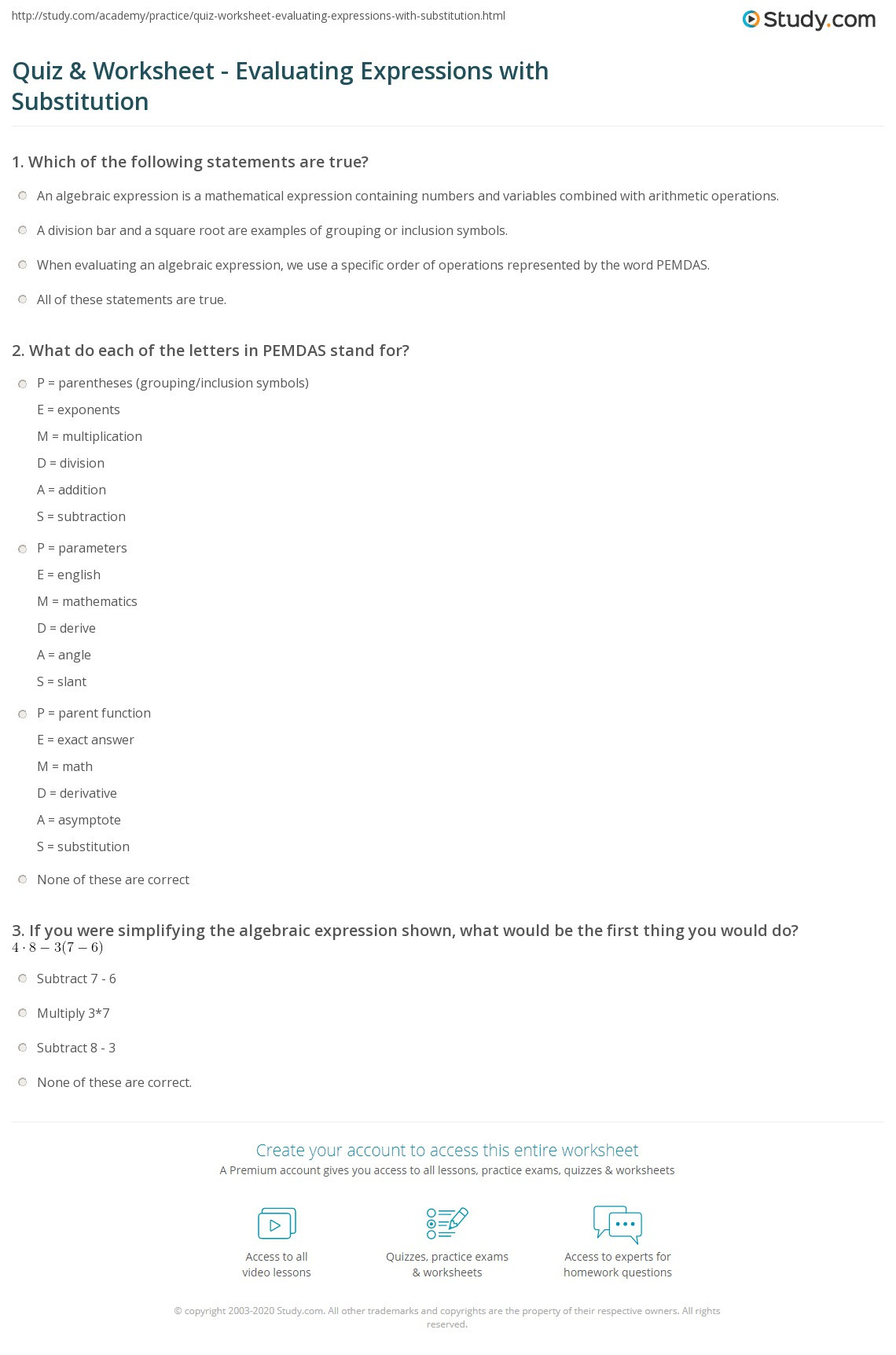 Evaluate the Expression Worksheet Quiz &amp; Worksheet Evaluating Expressions with Substitution