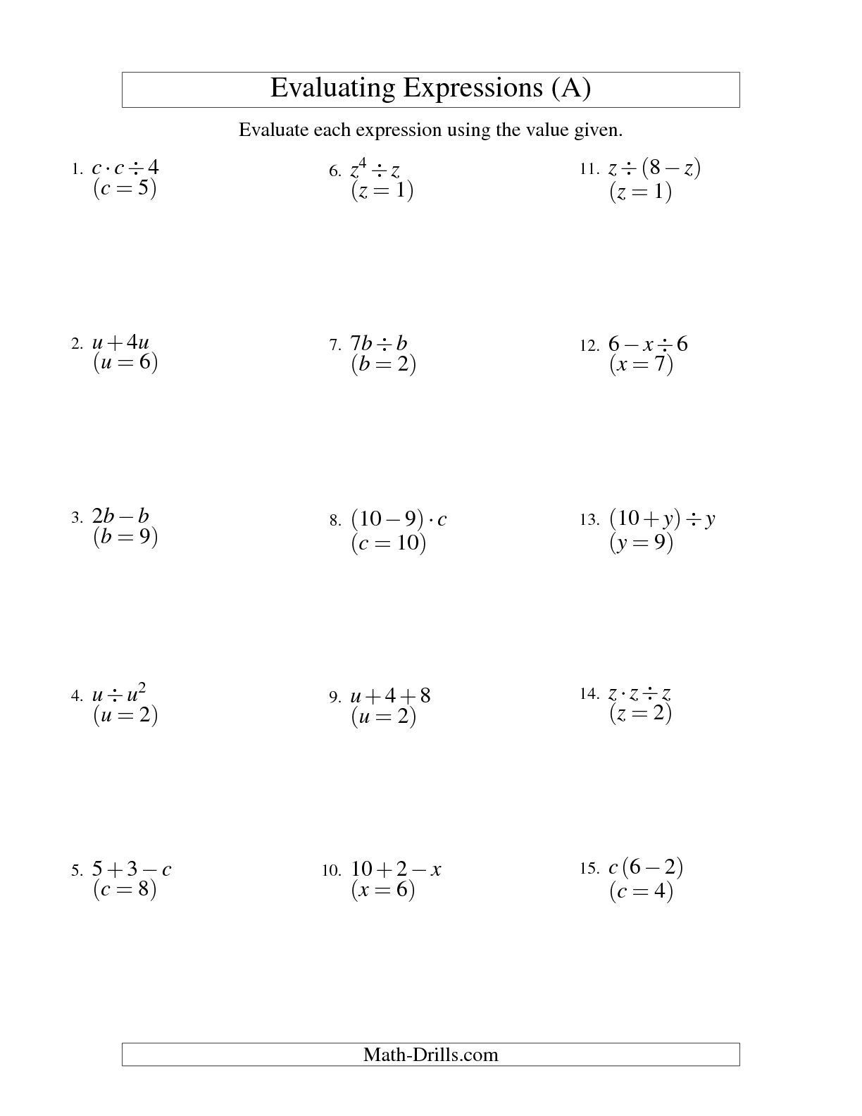 Evaluate the Expression Worksheet the Evaluating Two Step Algebraic Expressions with E