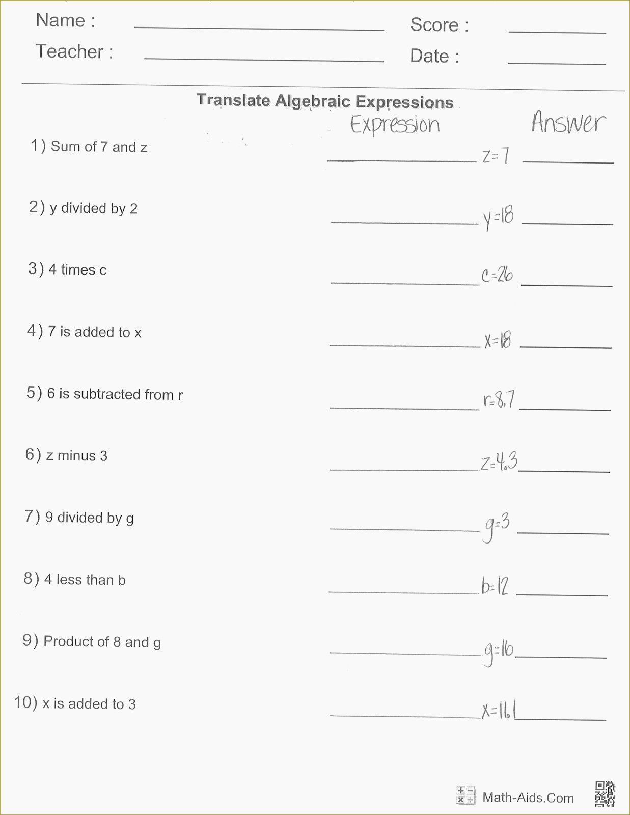 Evaluating Algebraic Expressions Worksheet Writing and Evaluating Expressions Worksheet Pdf