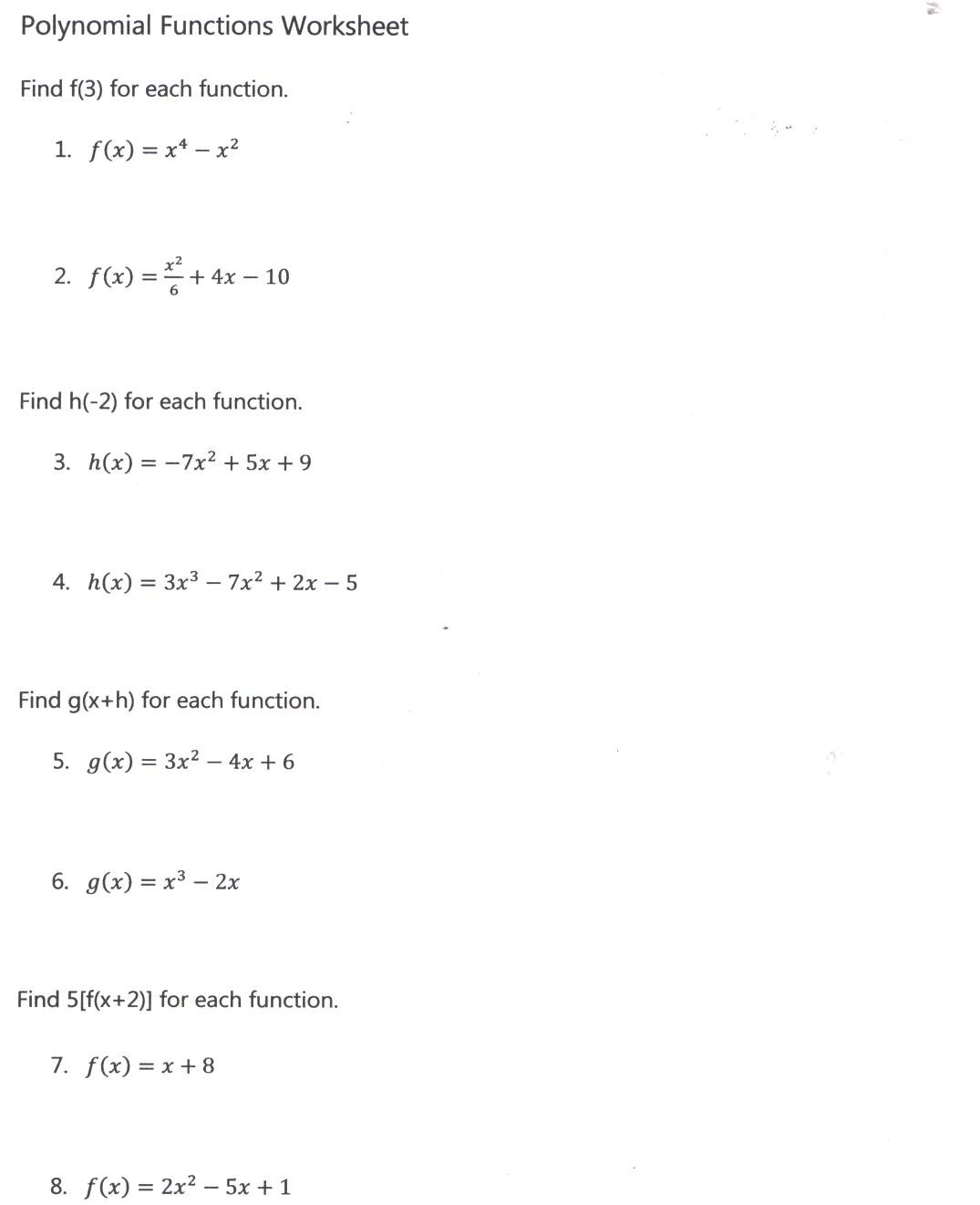 Evaluating Functions Worksheet Algebra 1 Algebra 2