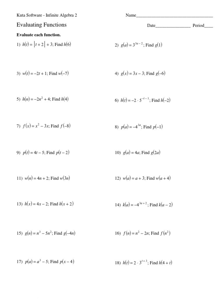 Evaluating Functions Worksheet Algebra 1 Evaluating Functions Algebra