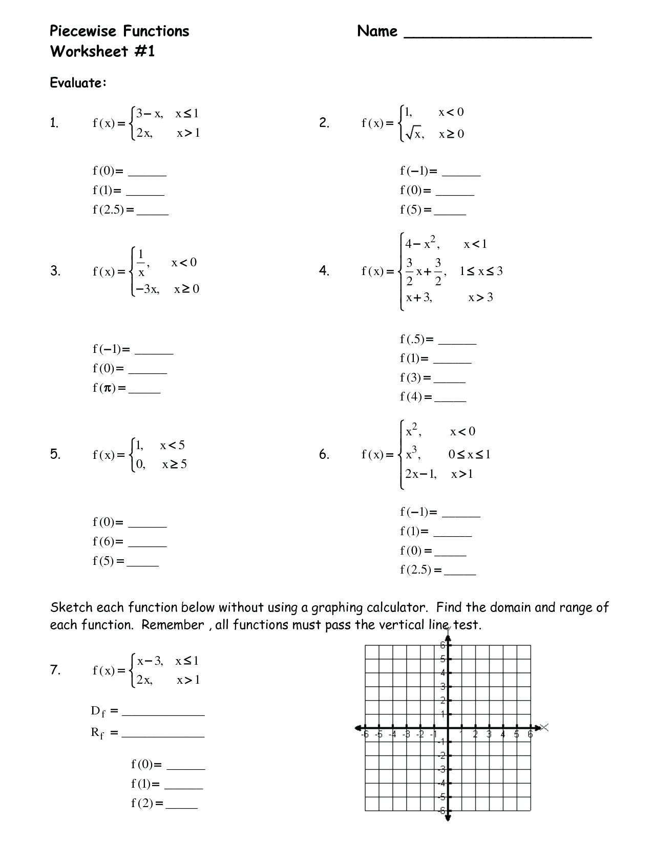 Evaluating Piecewise Functions Worksheet