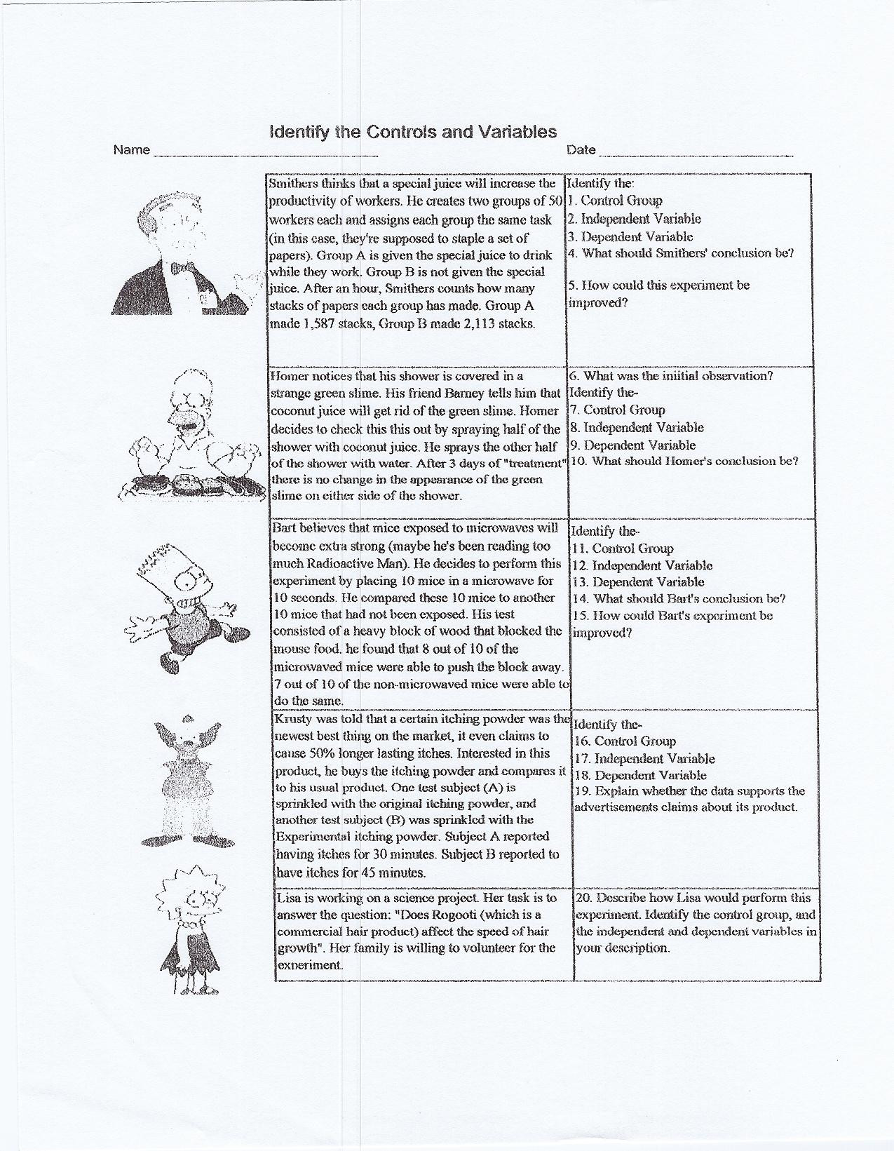 Experimental Variables Worksheet Answers Simpson Science Worksheet Answers