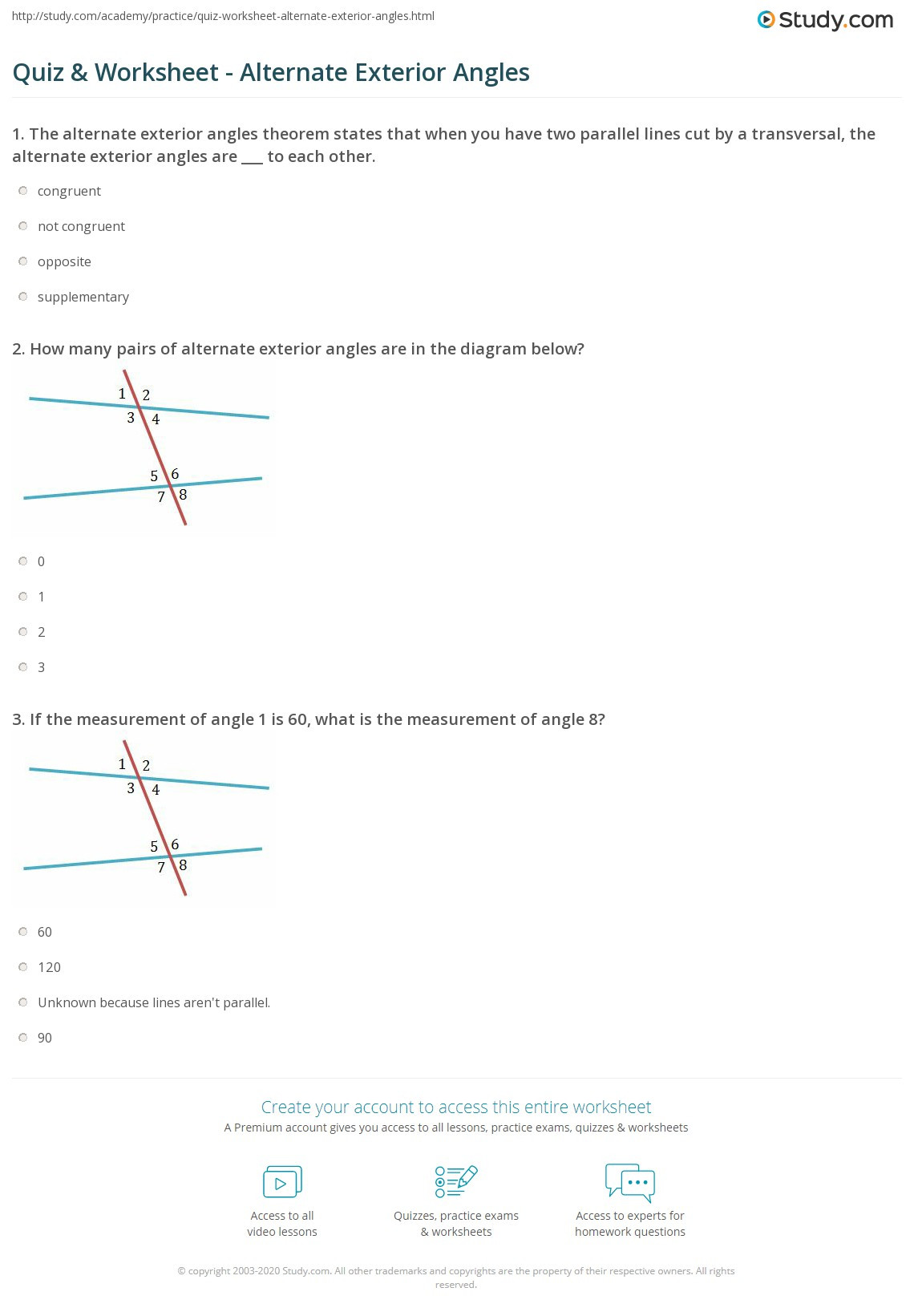 Exterior Angle theorem Worksheet Quiz &amp; Worksheet Alternate Exterior Angles