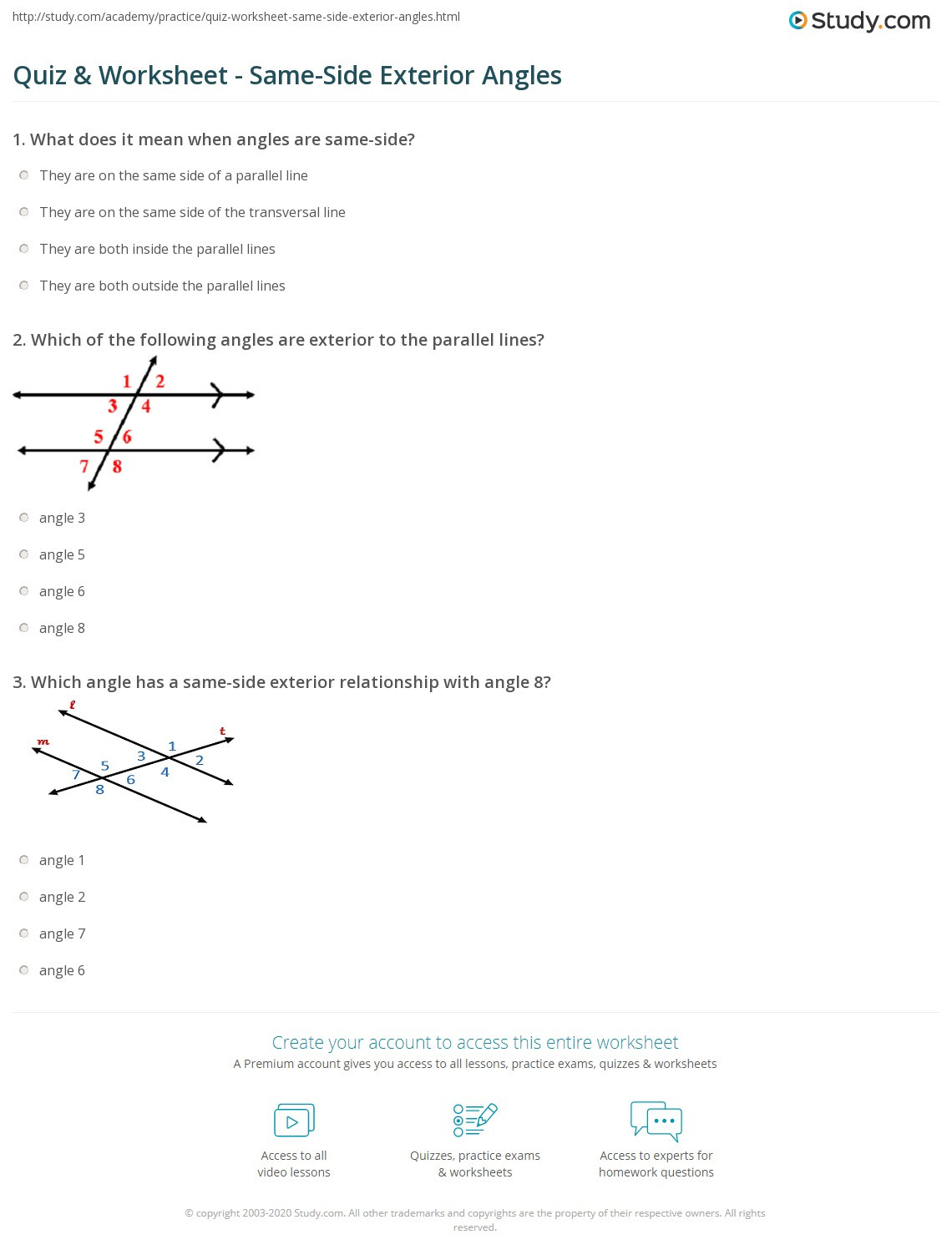 Exterior Angle theorem Worksheet Quiz &amp; Worksheet Same Side Exterior Angles